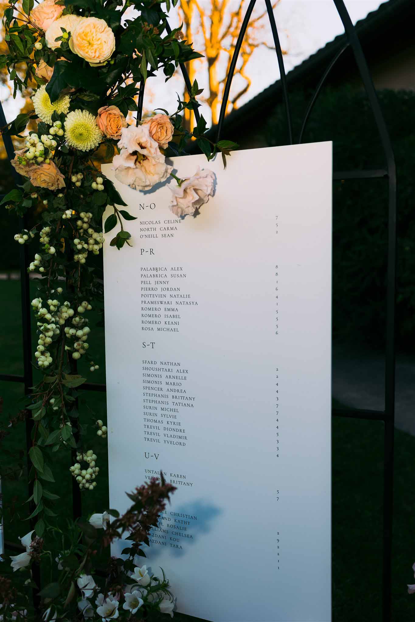 Wedding seating chart with peach and cream floral arrangement at reception venue
