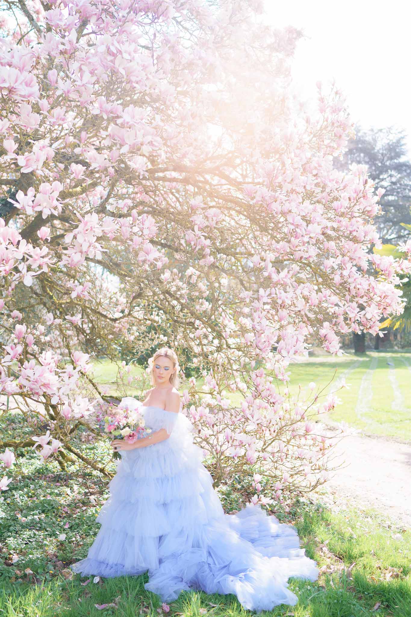 Bride in periwinkle ball gown beneath blooming magnolia trees in spring garden