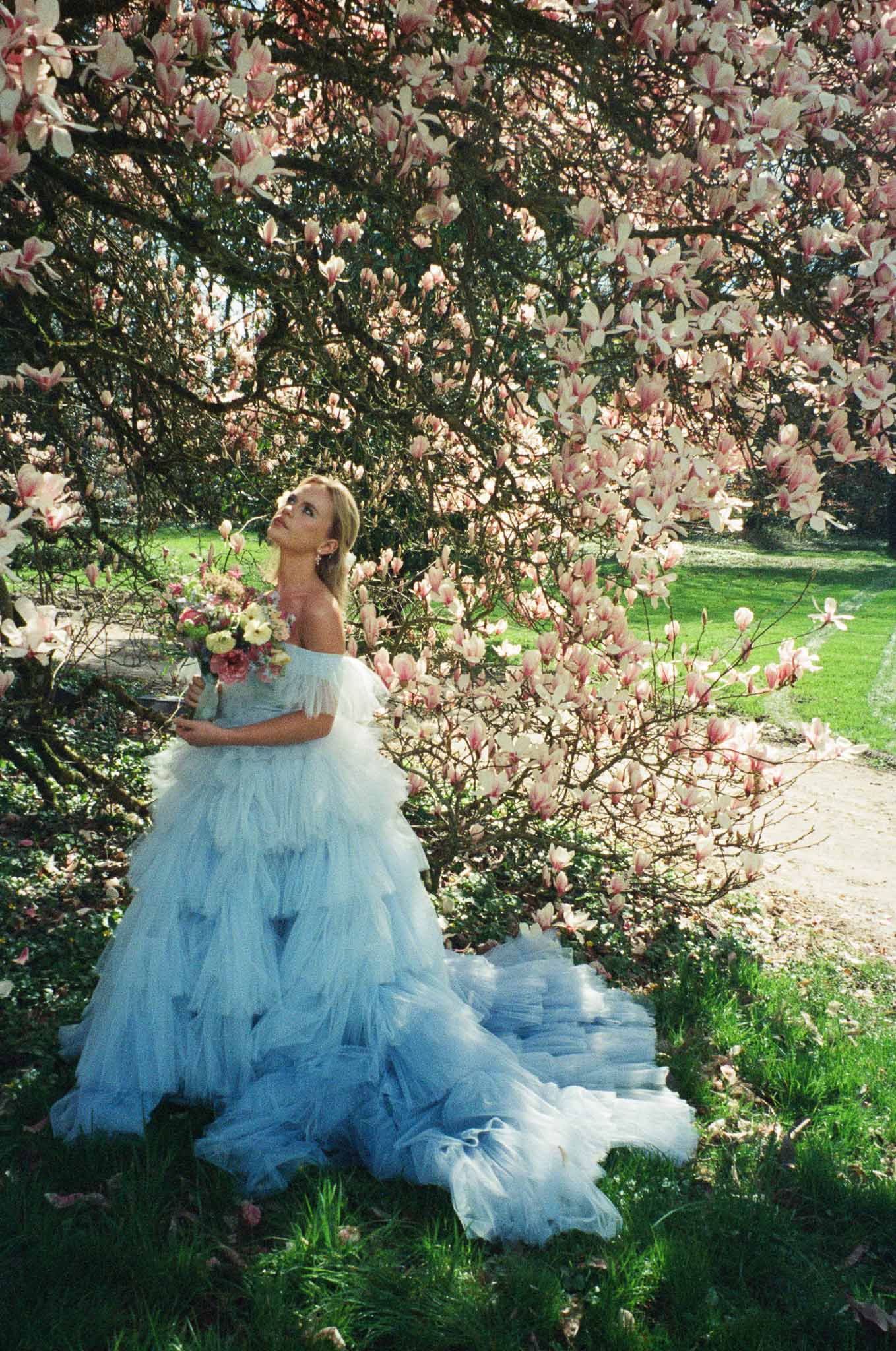 Bride in powder blue tiered tulle ballgown holding pink and coral bouquet beneath magnolia tree