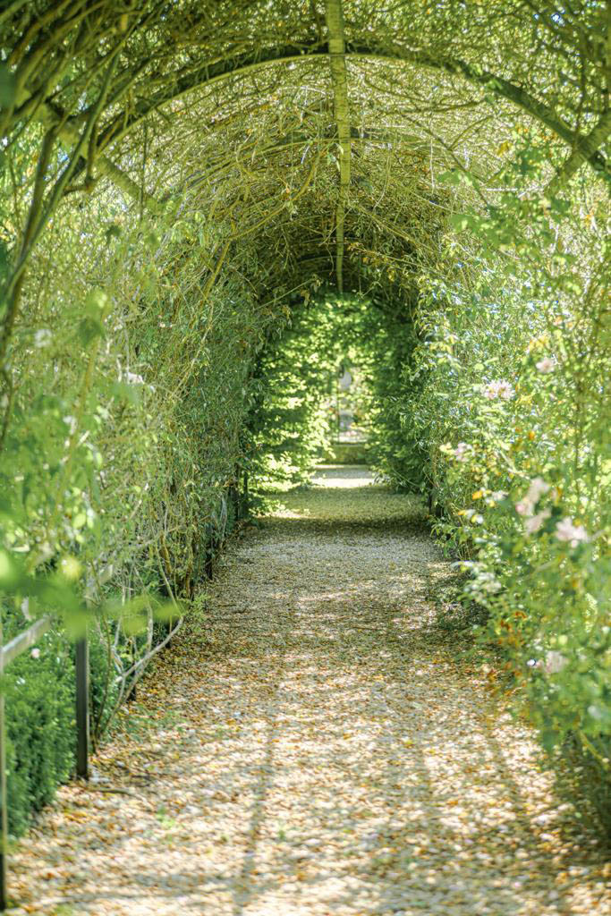 Arched metal pergola tunnel covered in climbing green foliage over a gravel pathway leading to a sunlit garden