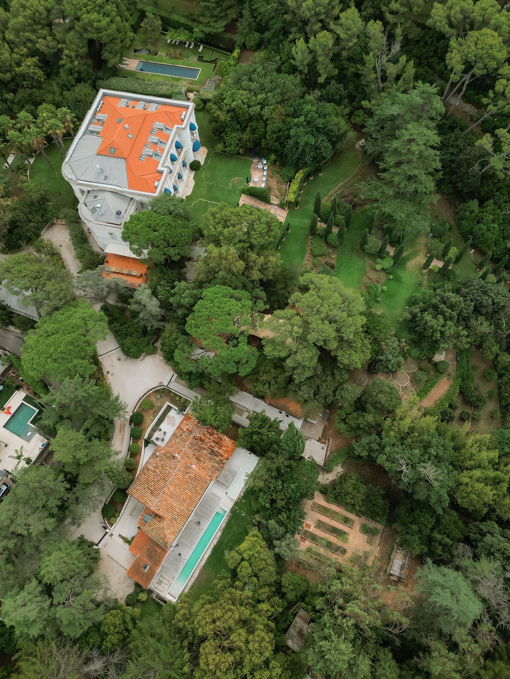 Overhead aerial view of entire estate with buildings and grounds at Domaine Rocabella, French Riviera