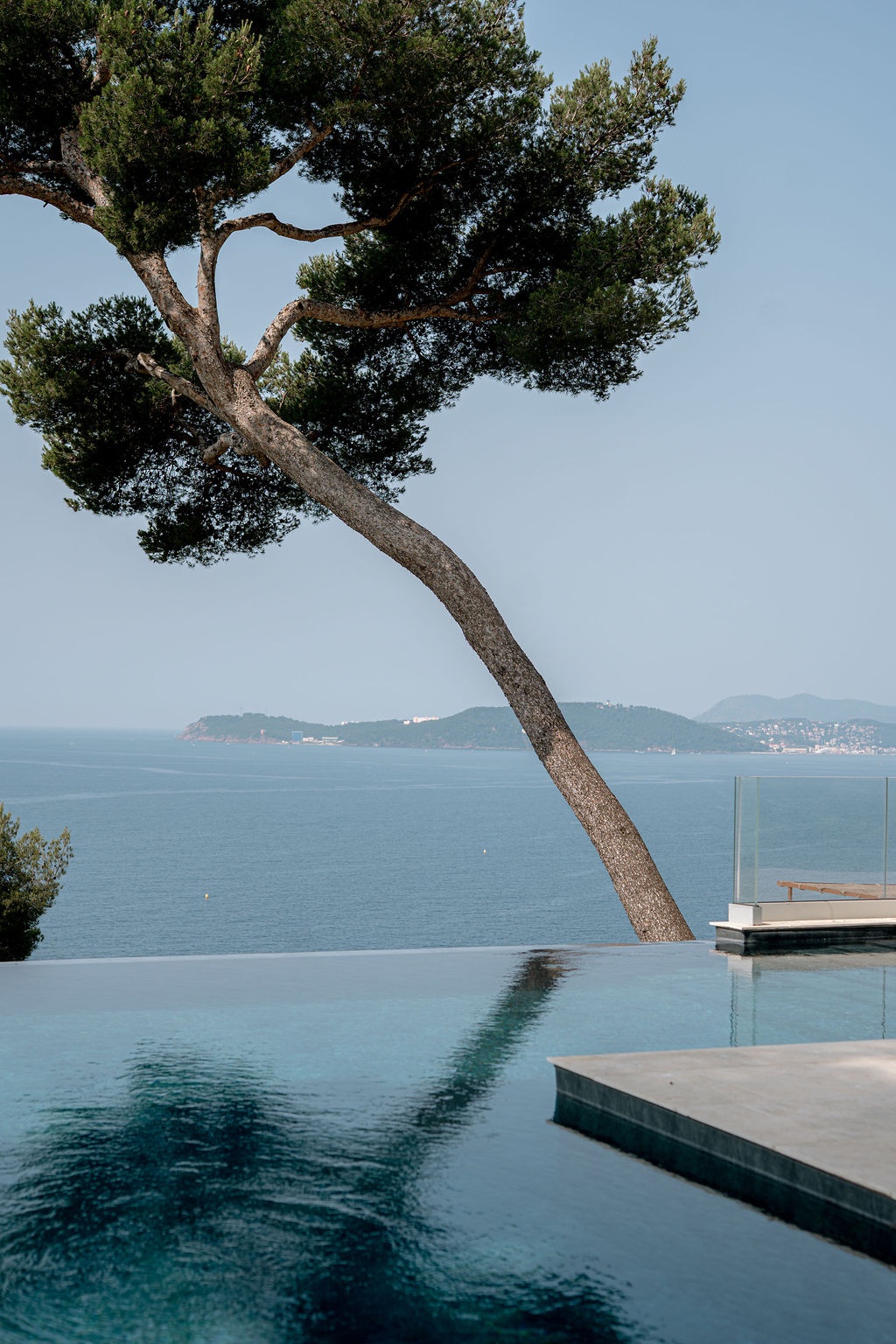 Infinity pool with pine tree and coastline panorama at Domaine Rocabella, French Riviera