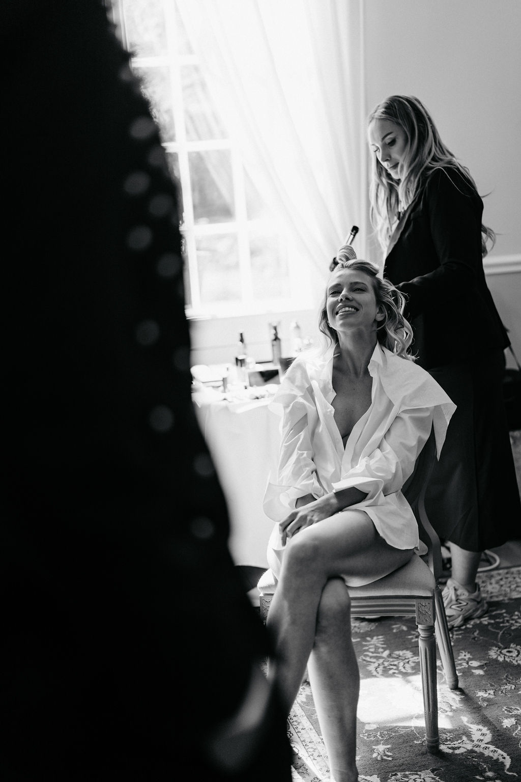 Black and white photo of interior of