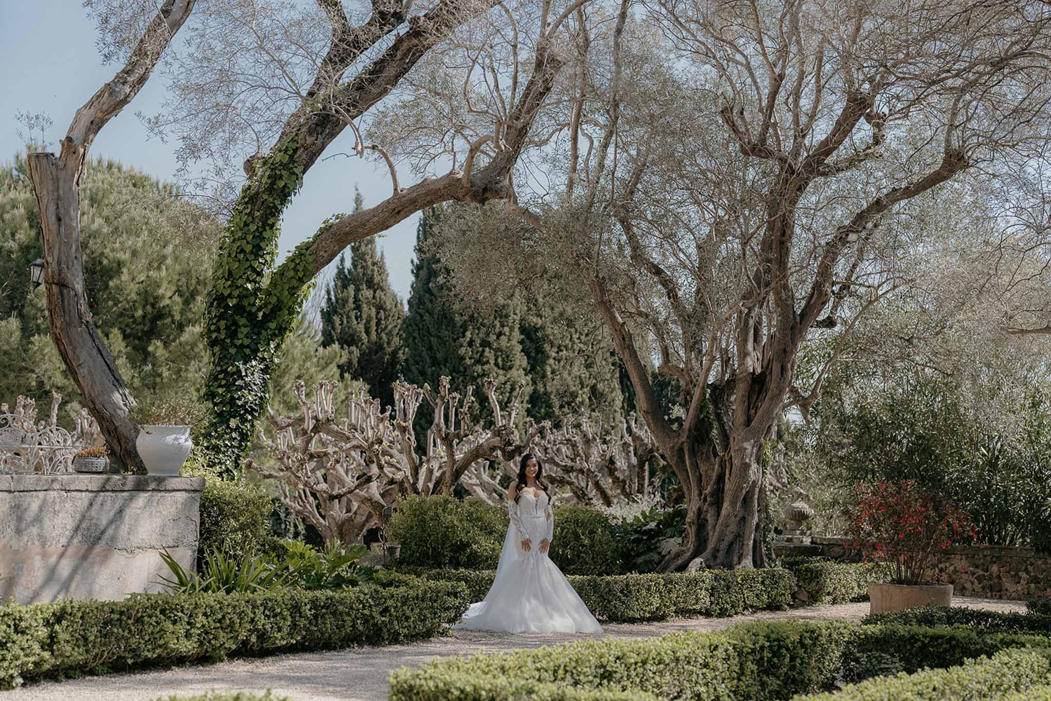 Bride in lace-bodice tulle gown on gravel path among olive trees and boxwood in formal garden
