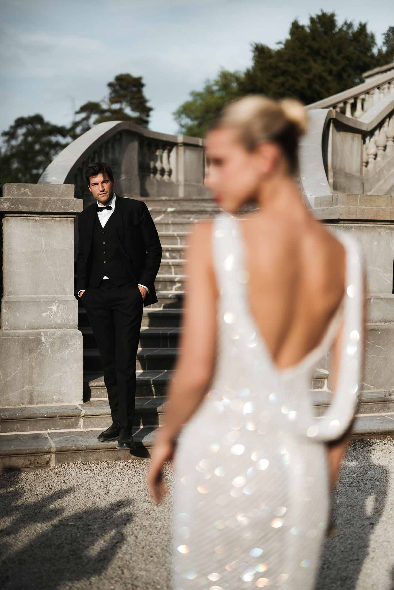 Bride and groom embracing