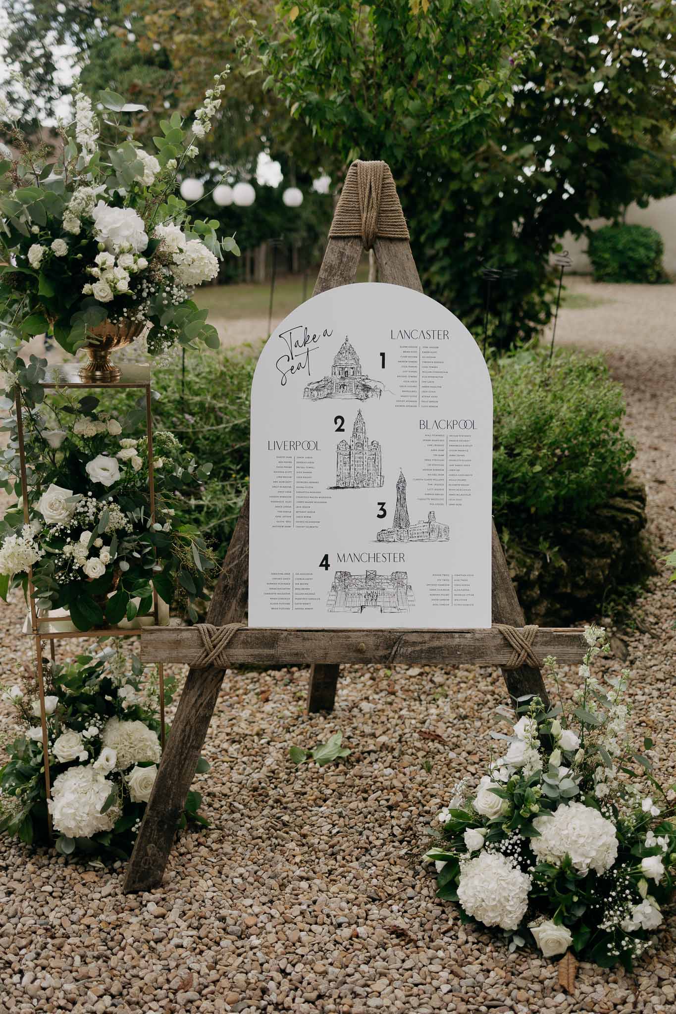 Take a Seat chart on rustic easel with gold shelf and white hydrangea arrangement on gravel under lights