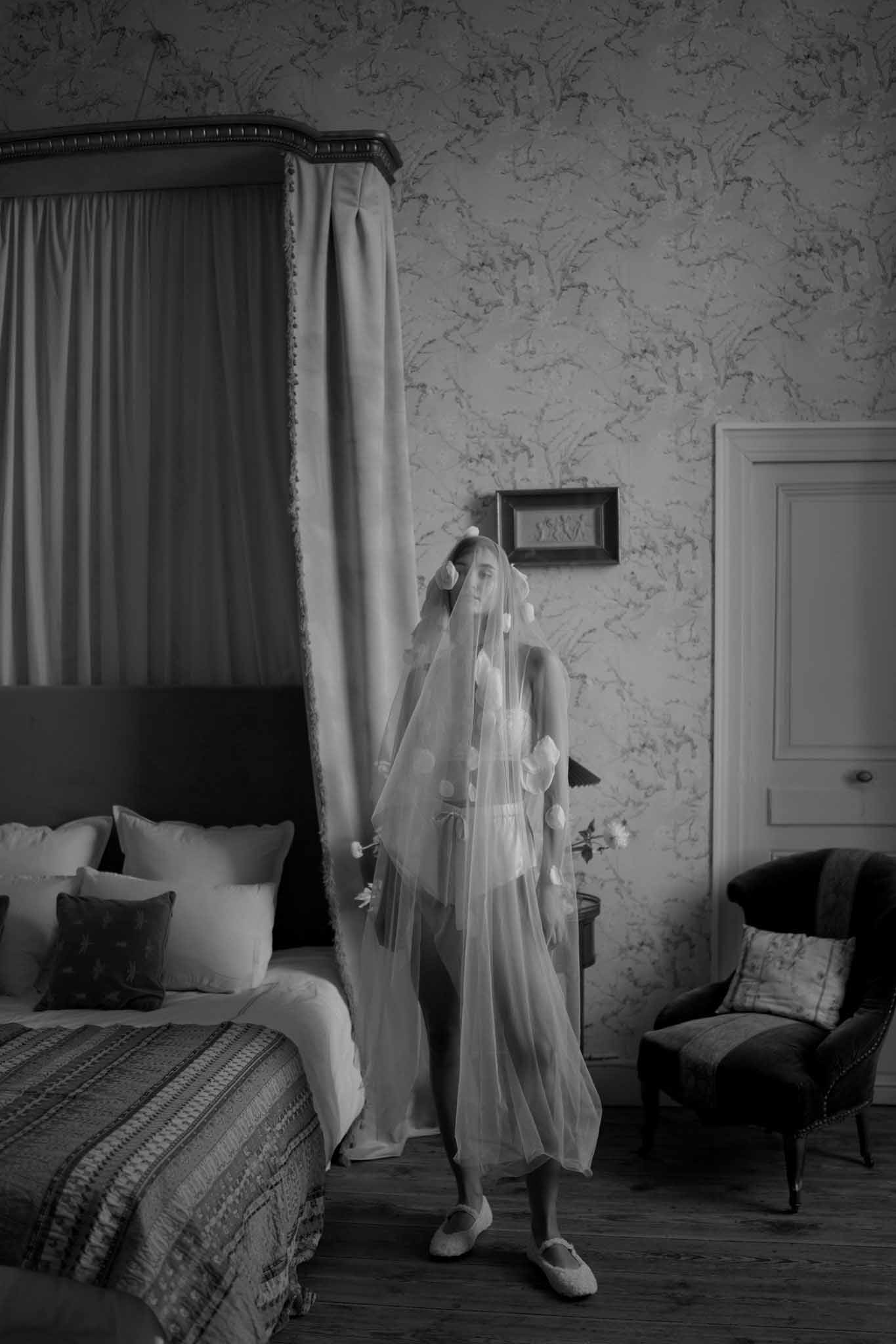 Black and white photo of bridal portrait