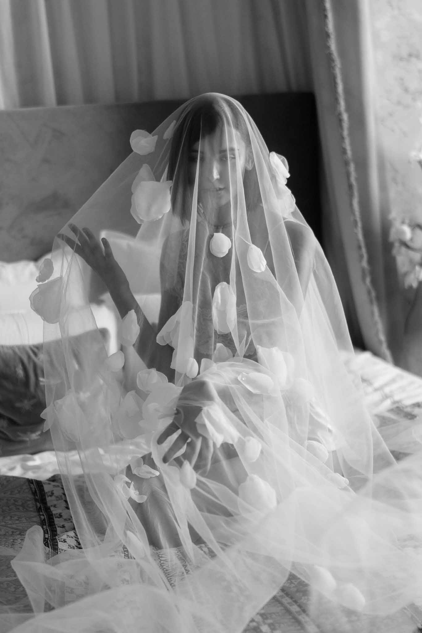 Black and white photo of bridal portrait