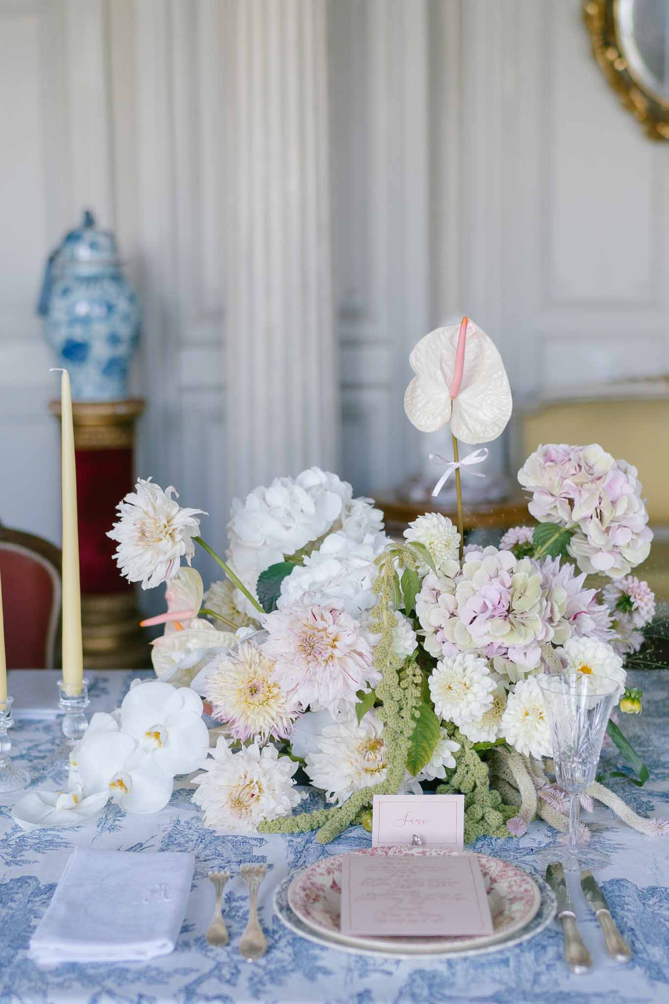 Wedding reception table setting with hydrangeas