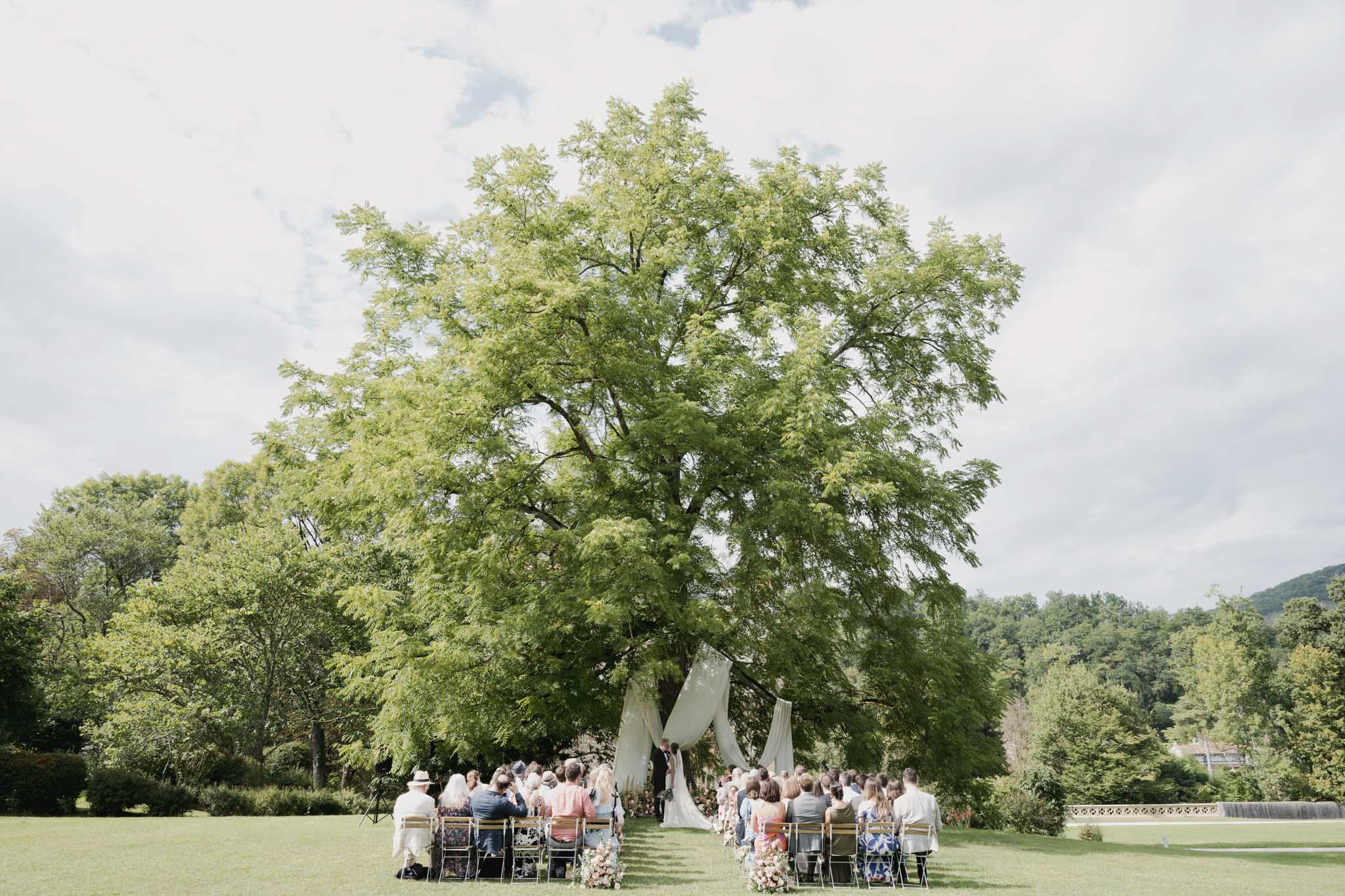 Cream Linen and Festoon Lights at Chateau de Saint-Martory, Occitanie