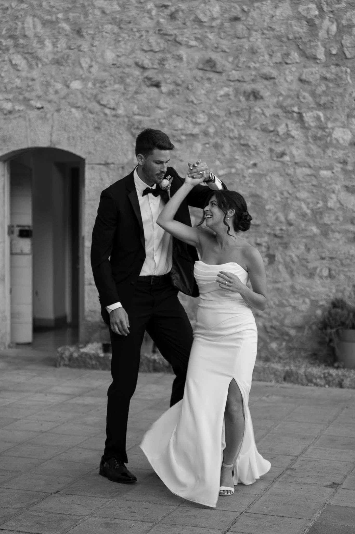 Black and white photo of wedding reception room