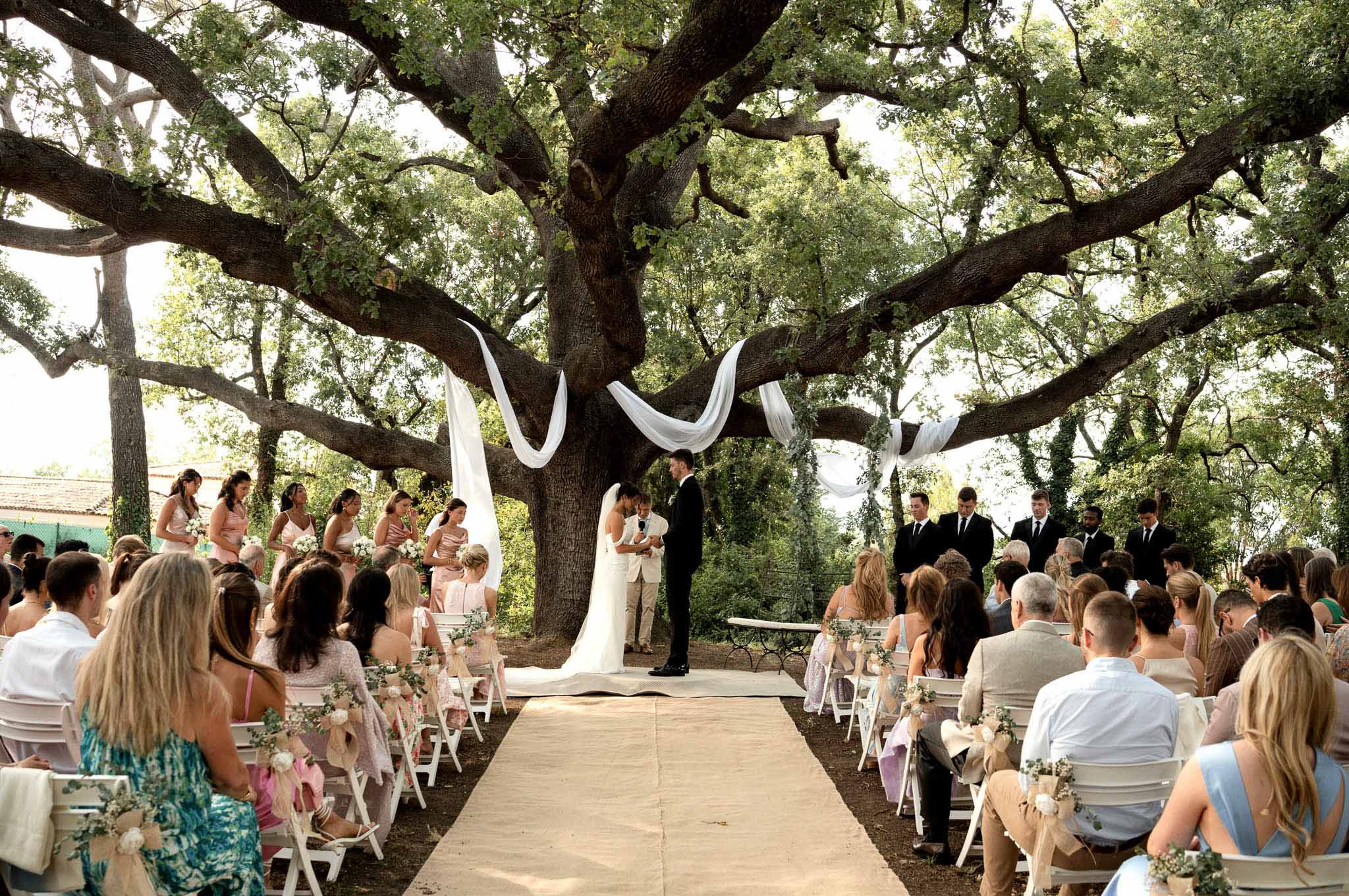 Outdoor wedding ceremony under a decorated oak tree with draped white fabric, bridesmaids in blush pink dresses and seated...