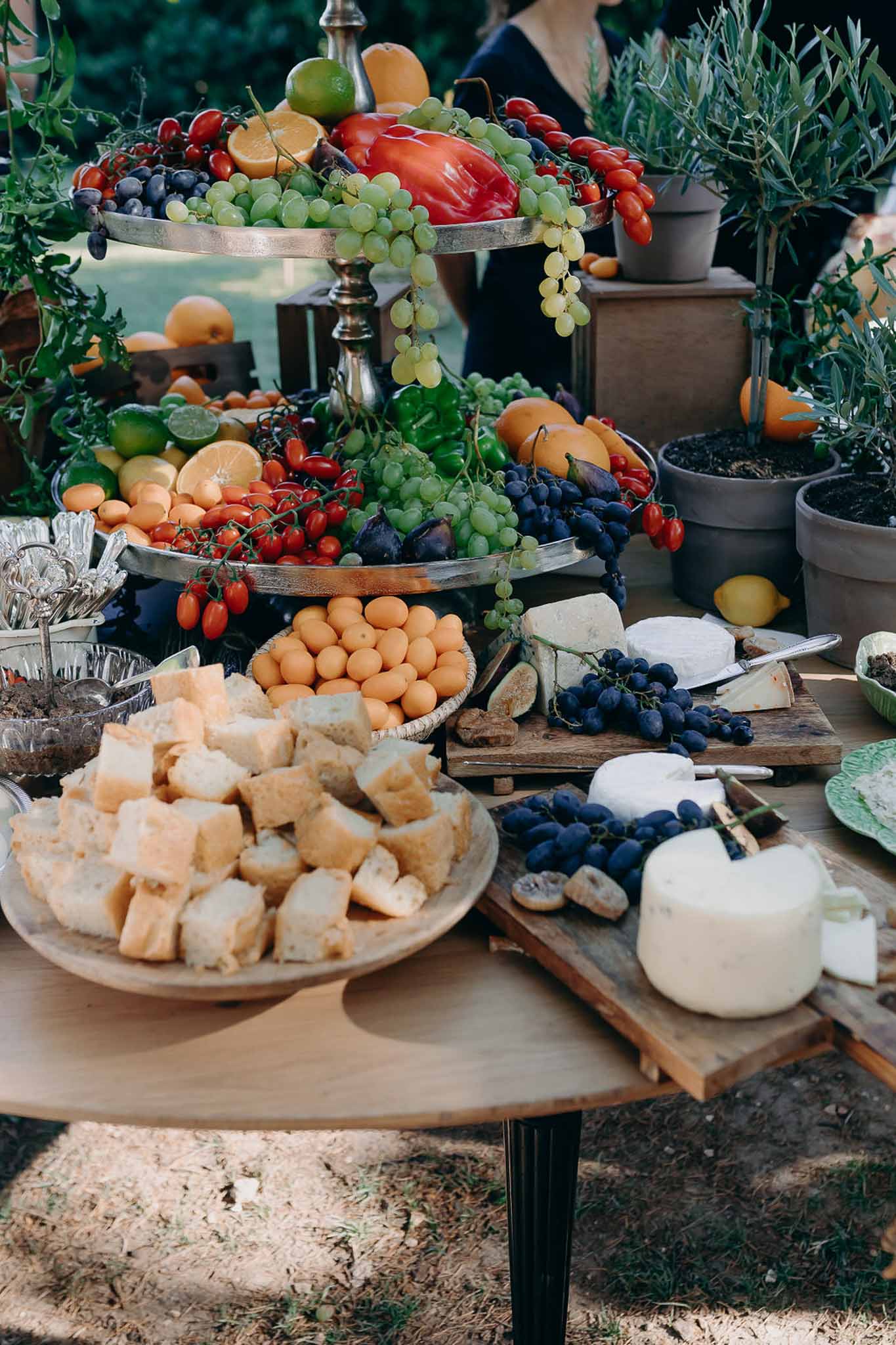 Rustic grazing table with tiered silver stand of grapes and figs, French cheeses, and cubed baguette beside olive trees