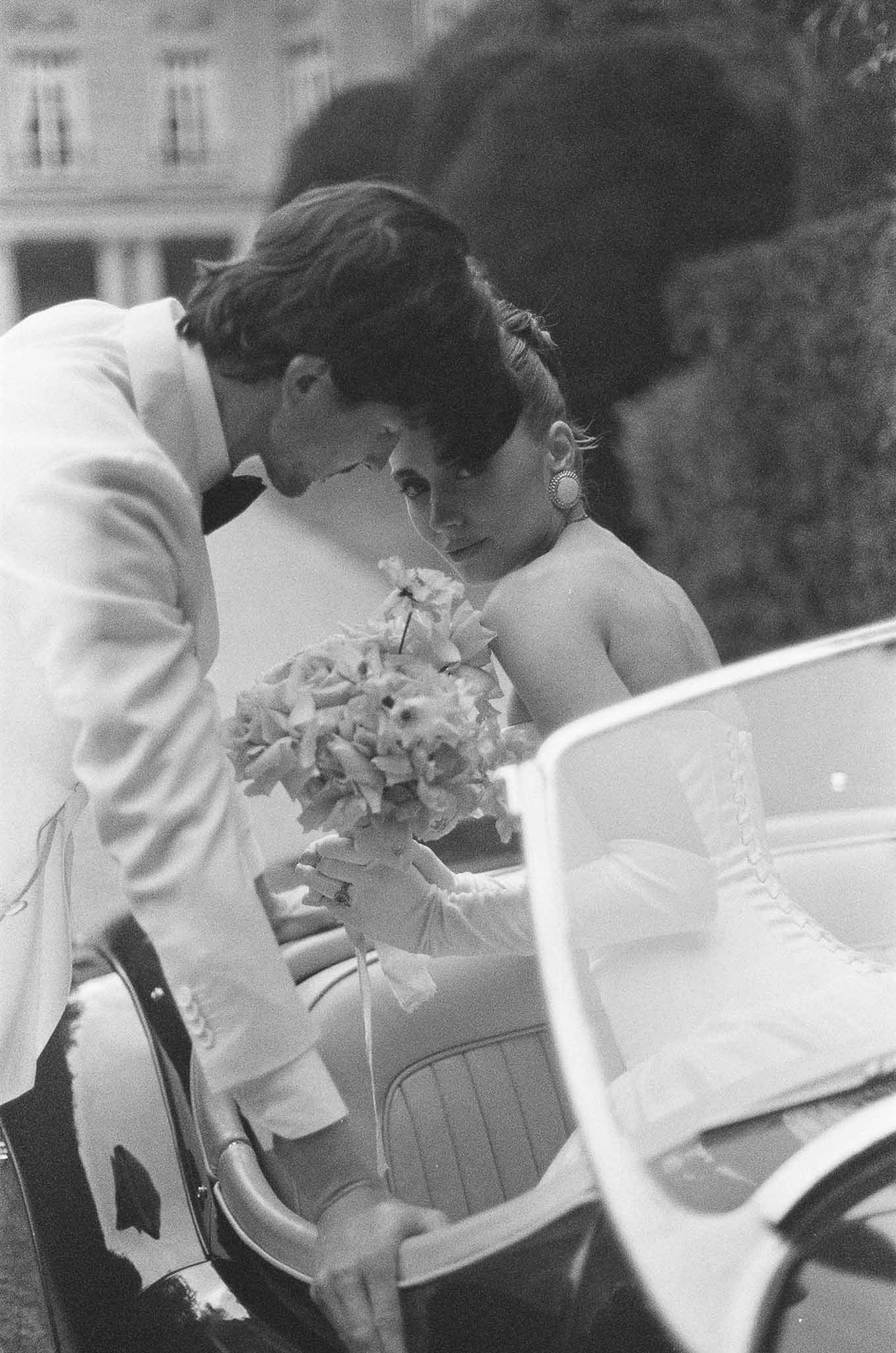Black and white photo of bride and groom portrait