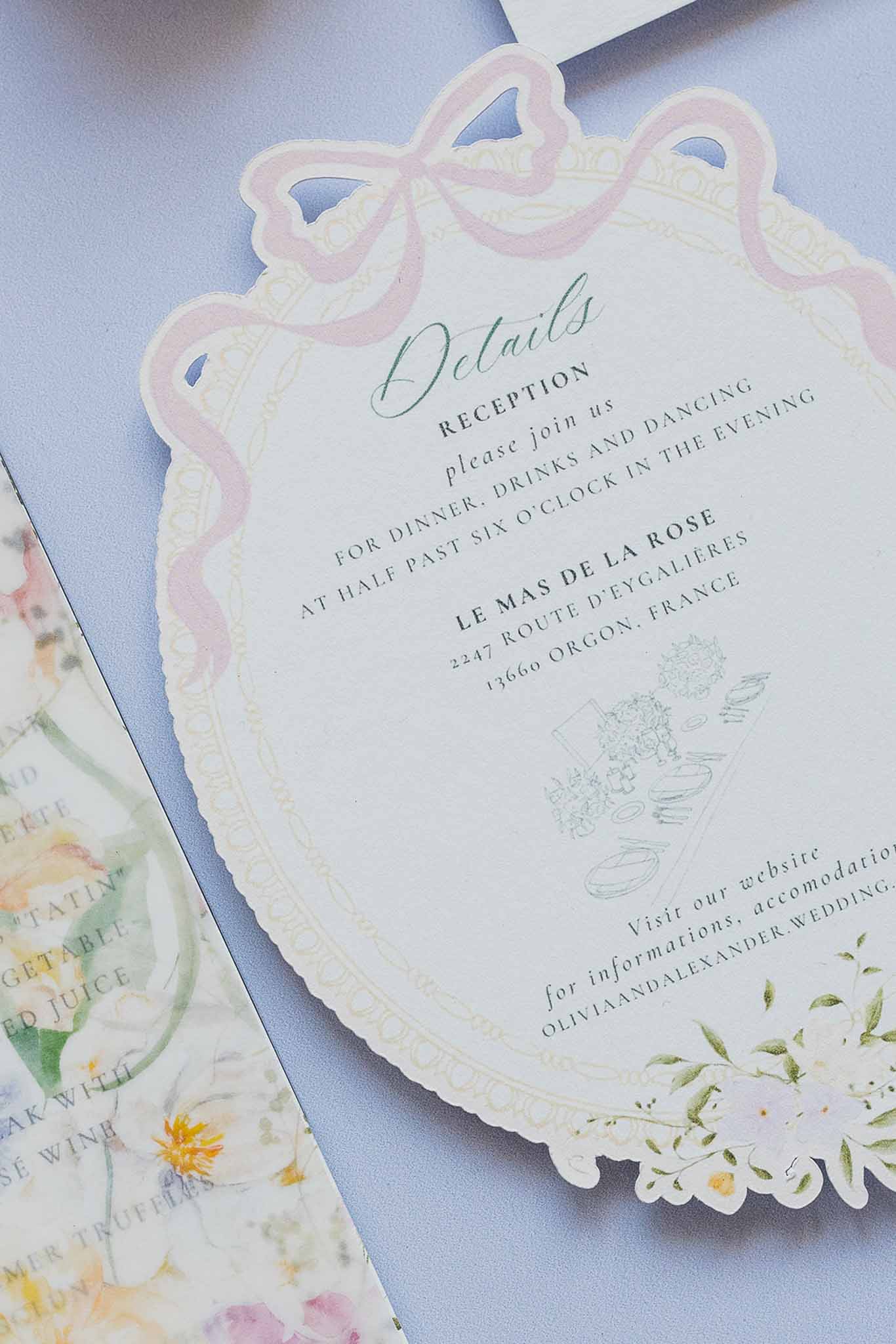 Wedding invitation detail card with pale pink bow and lace border on blue background