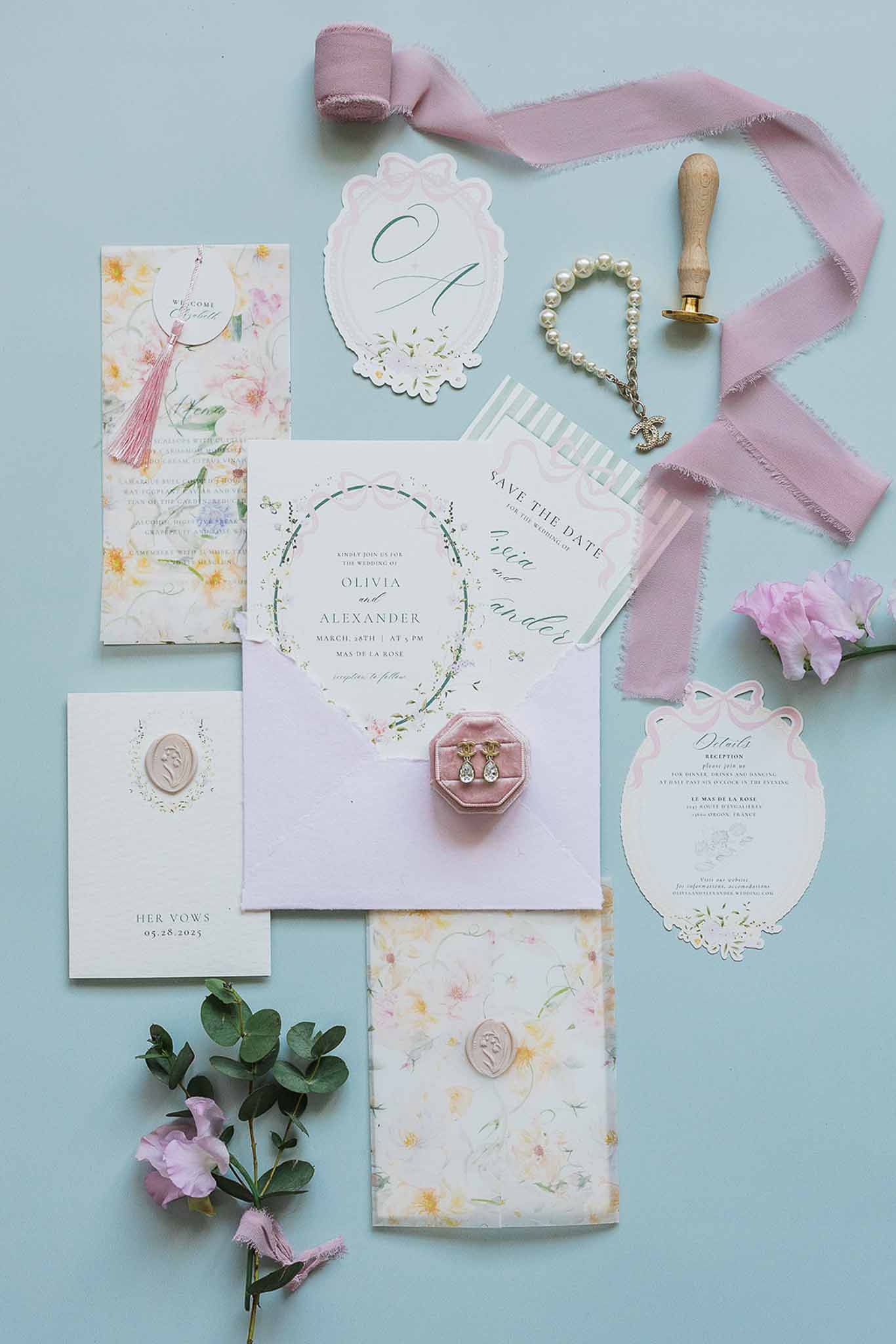 Wedding invitation suite flat lay with botanical stationery and pink roses on pale blue background
