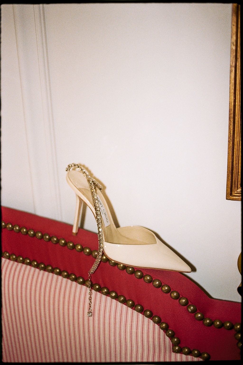 Bride's cream Jimmy Choo heel with crystal strap at Airelles Gordes La Bastide, Provence