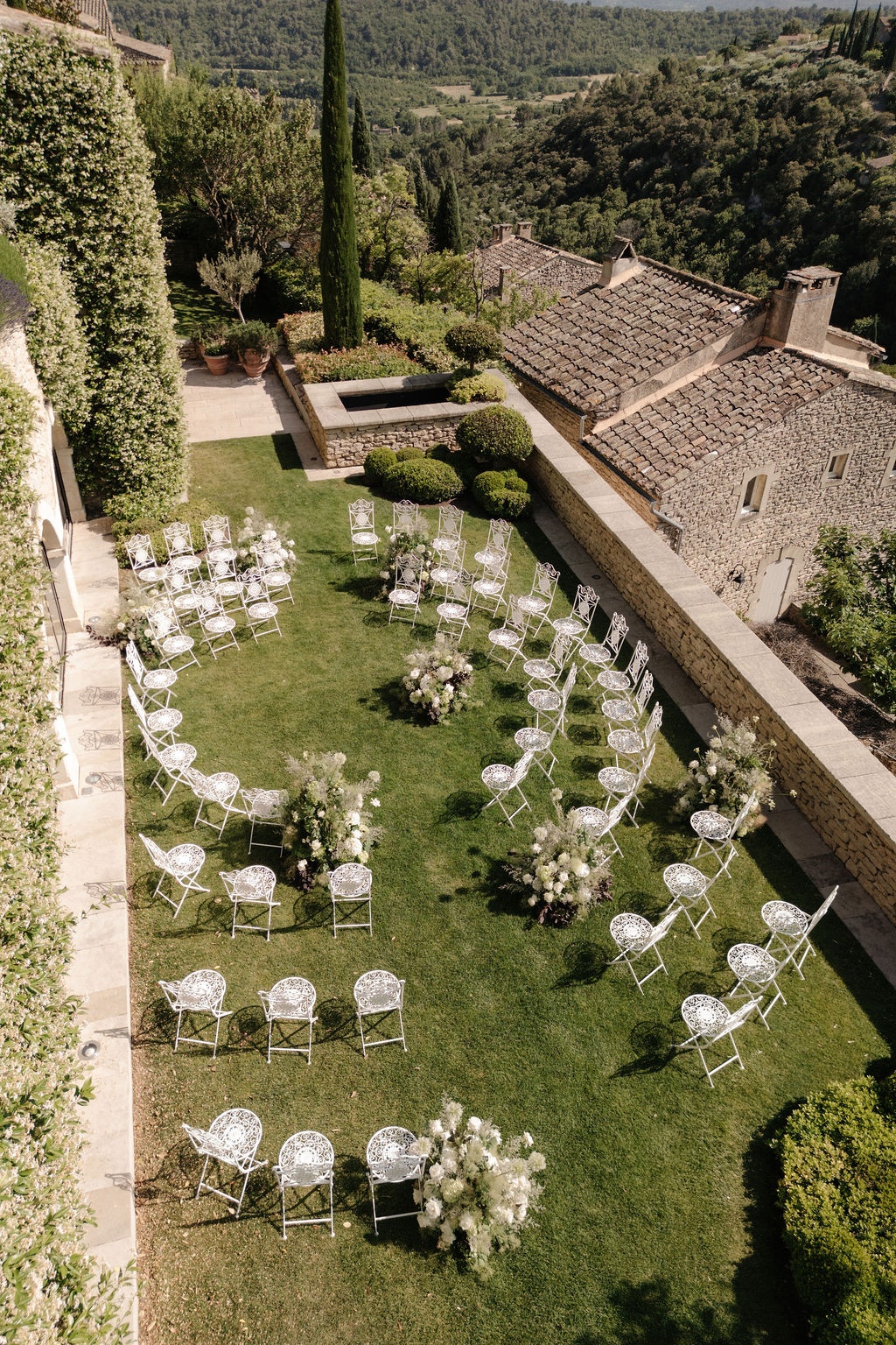 Overhead view of ceremony chair arrangement at Airelles Gordes La Bastide, Provence