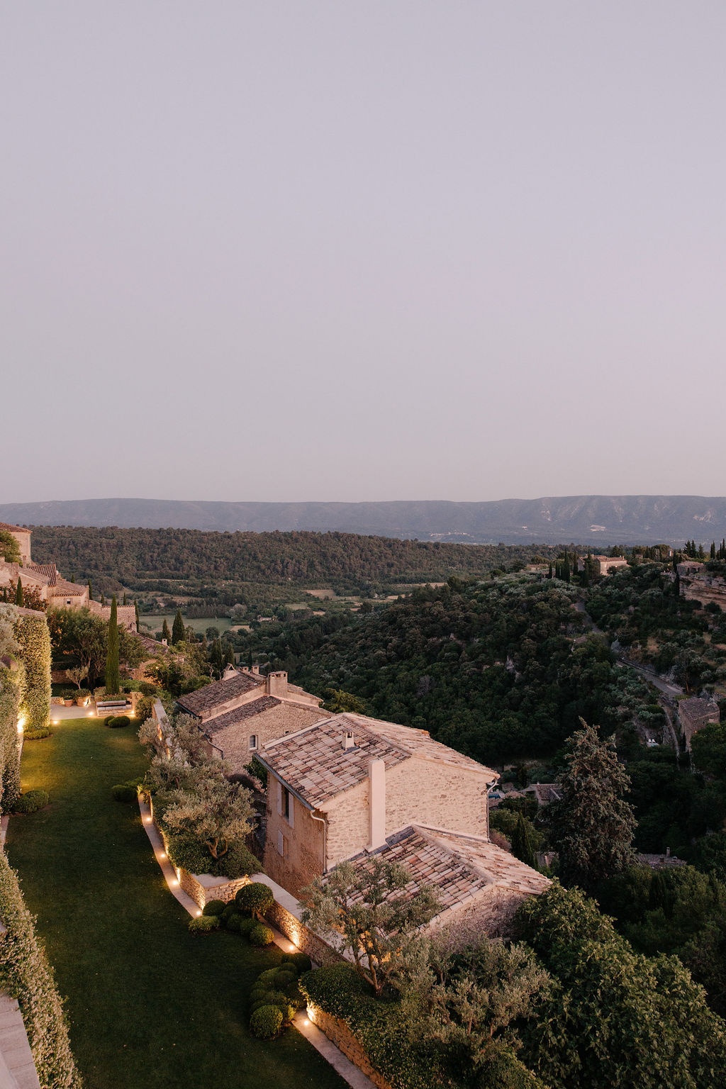 Airelles gardens and Luberon valley at dusk at Airelles Gordes La Bastide, Provence