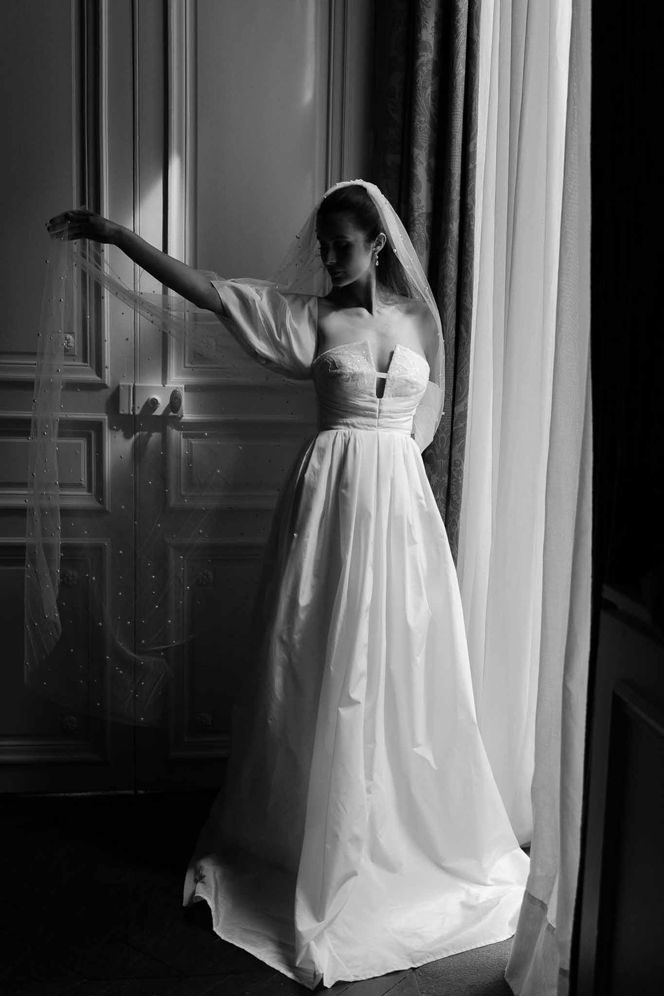 Black and white photo of bridal portrait