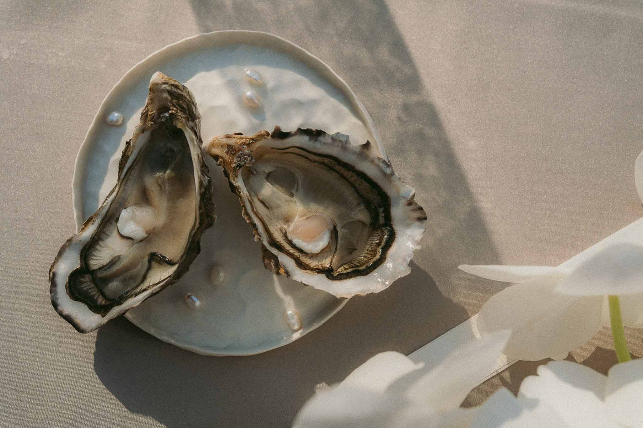 Two freshly shucked oysters on pale blue-grey ceramic plate with scattered pearls on taupe linen tablecloth