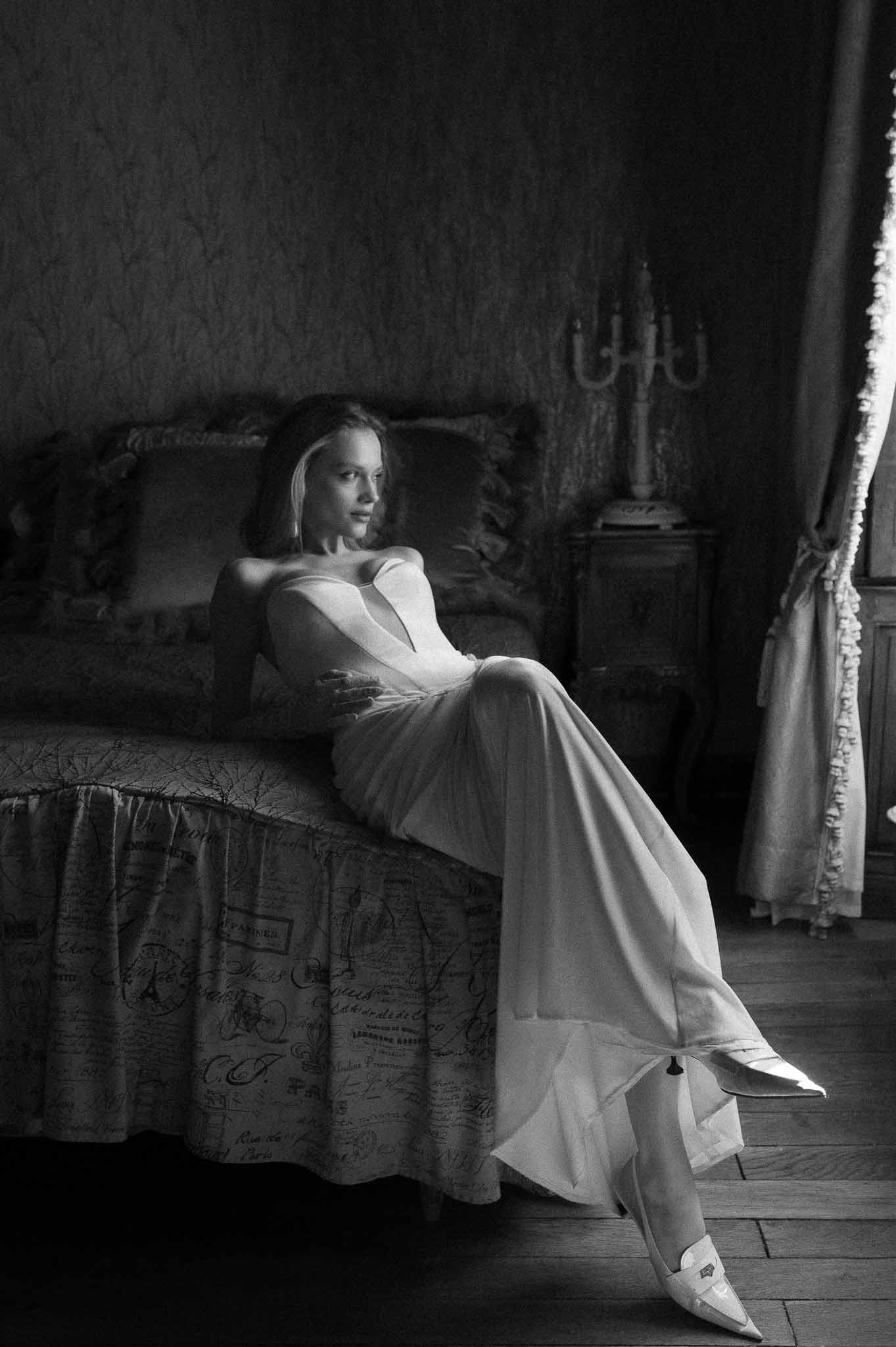 Black and white photo of bridal portrait