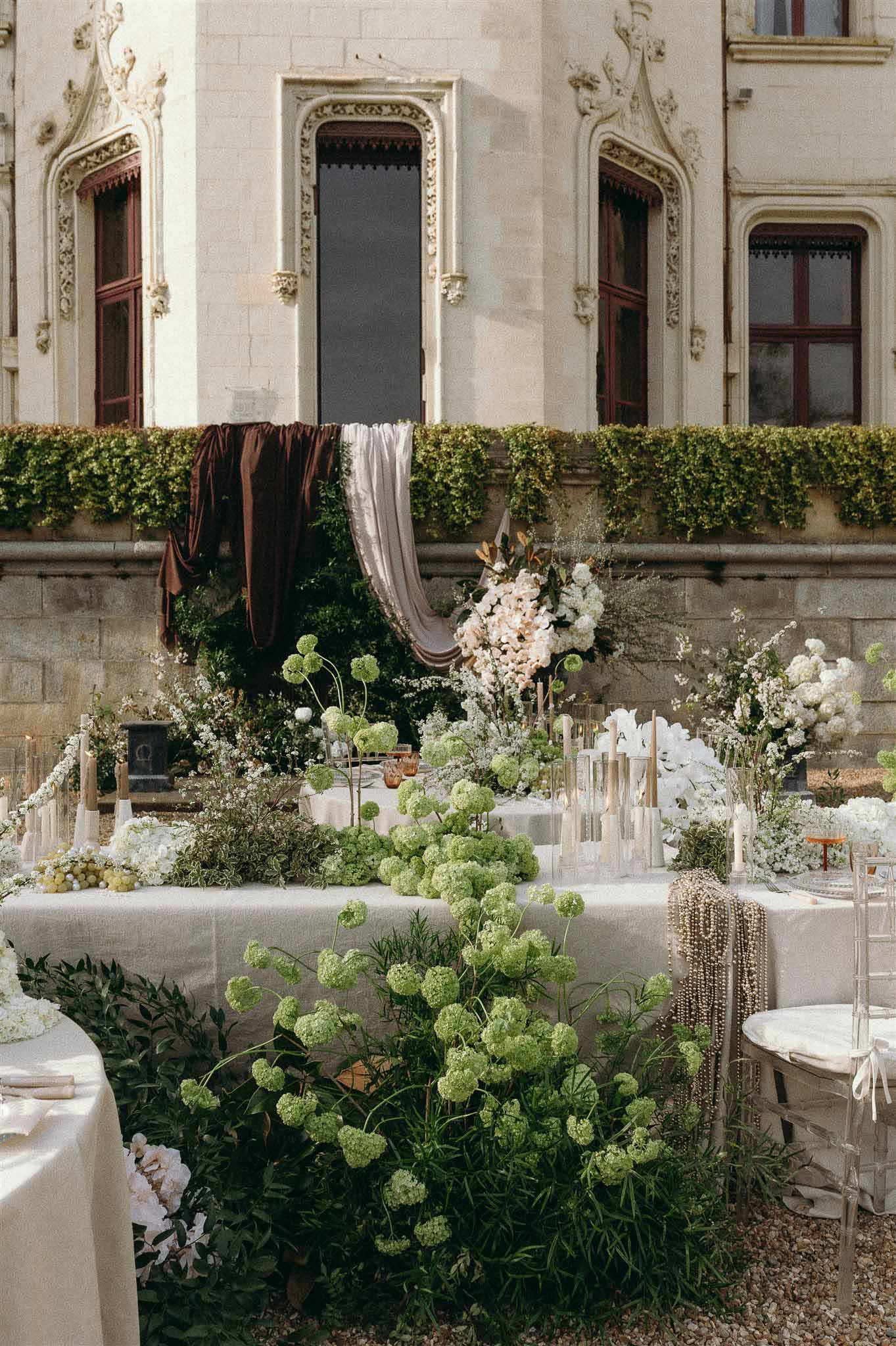 Wedding reception table setting with hydrangeas