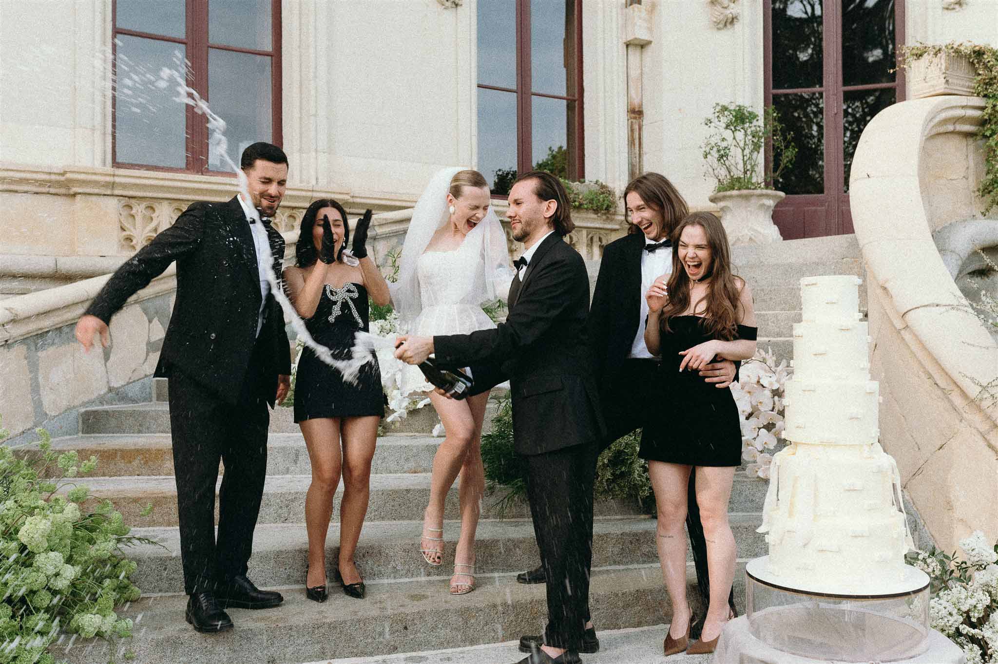 Black and white photo of wedding cake