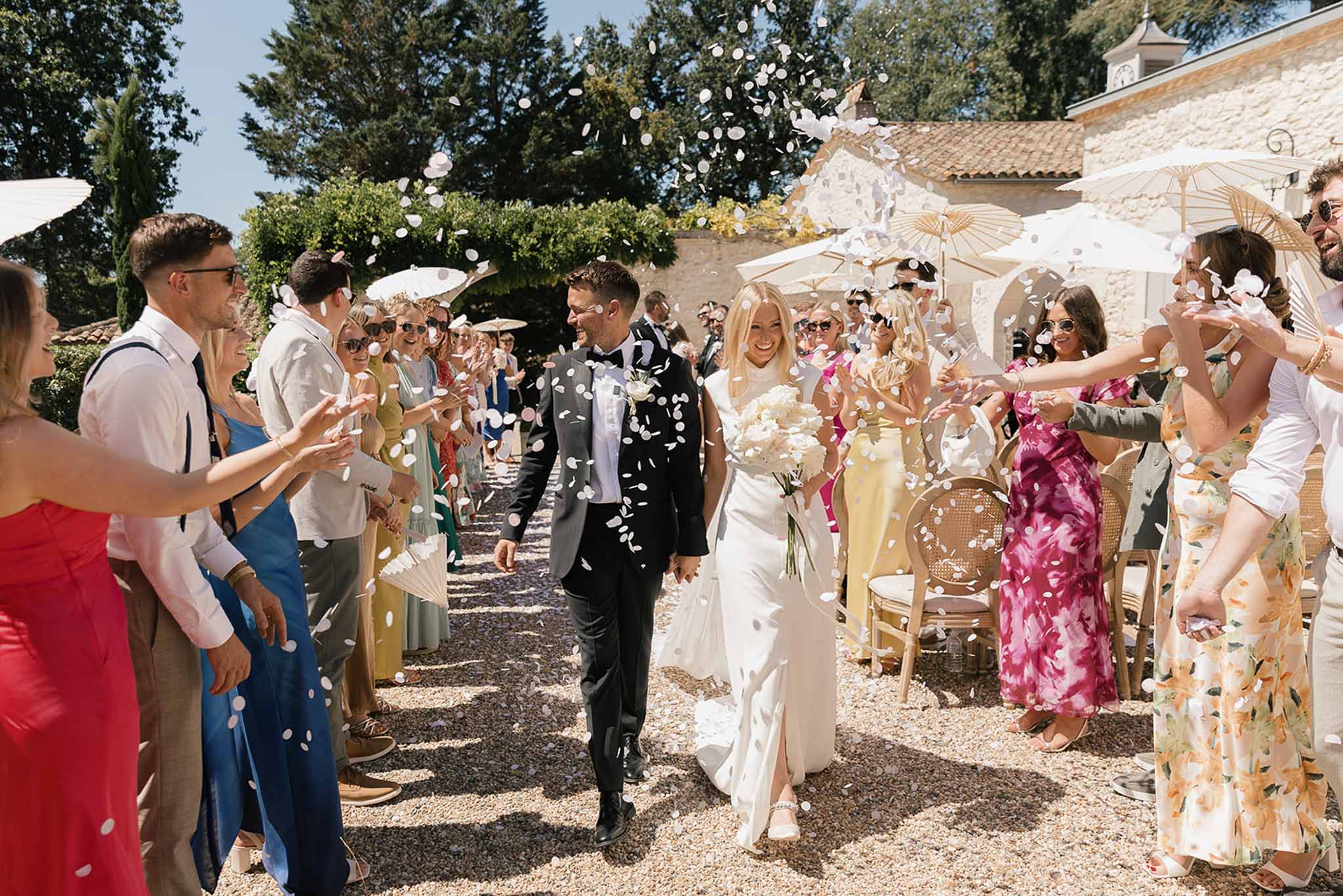 Wedding ceremony in the French countryside with peonies