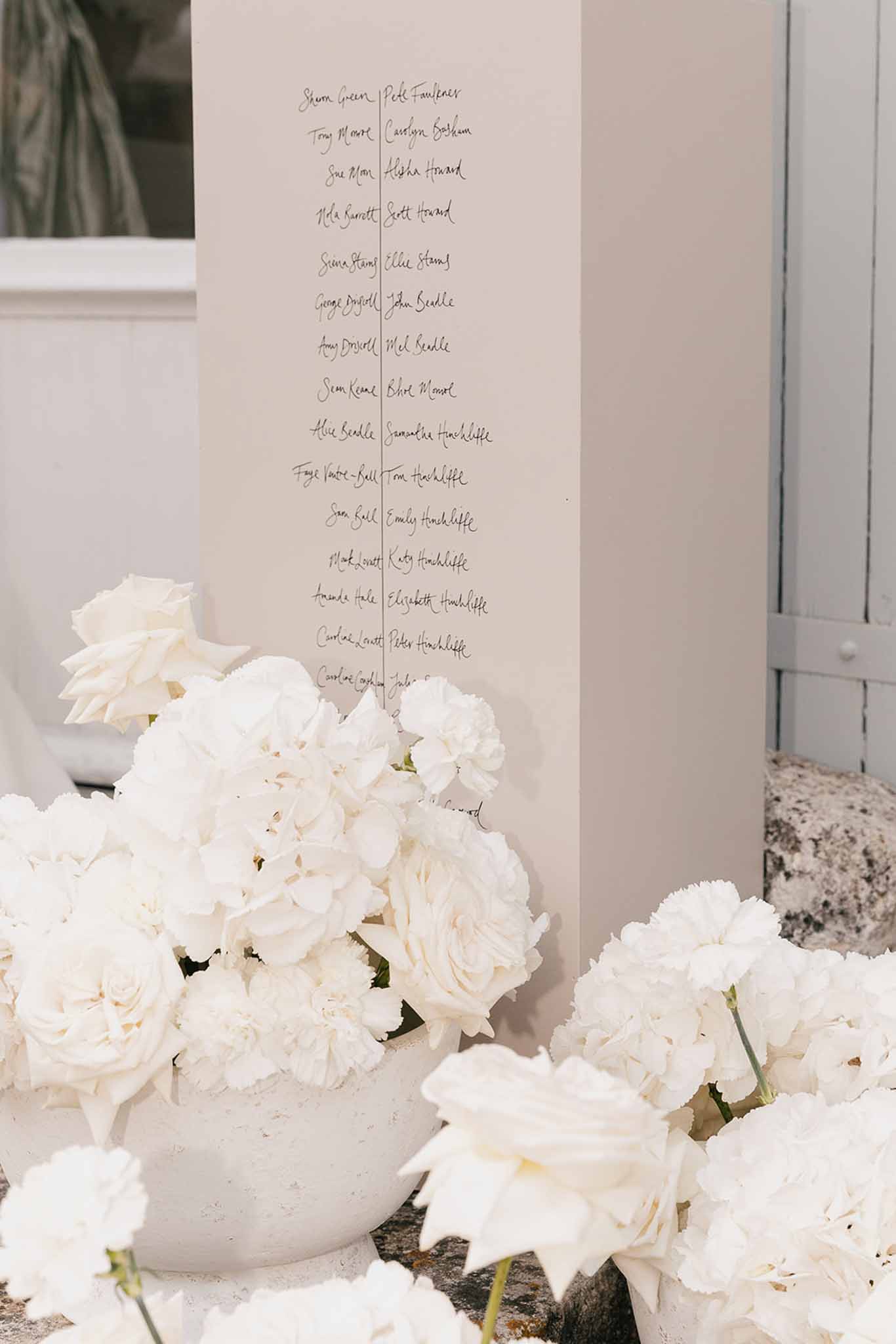 Calligraphy seating chart on cream panel with all-white garden rose and hydrangea ceramic vases