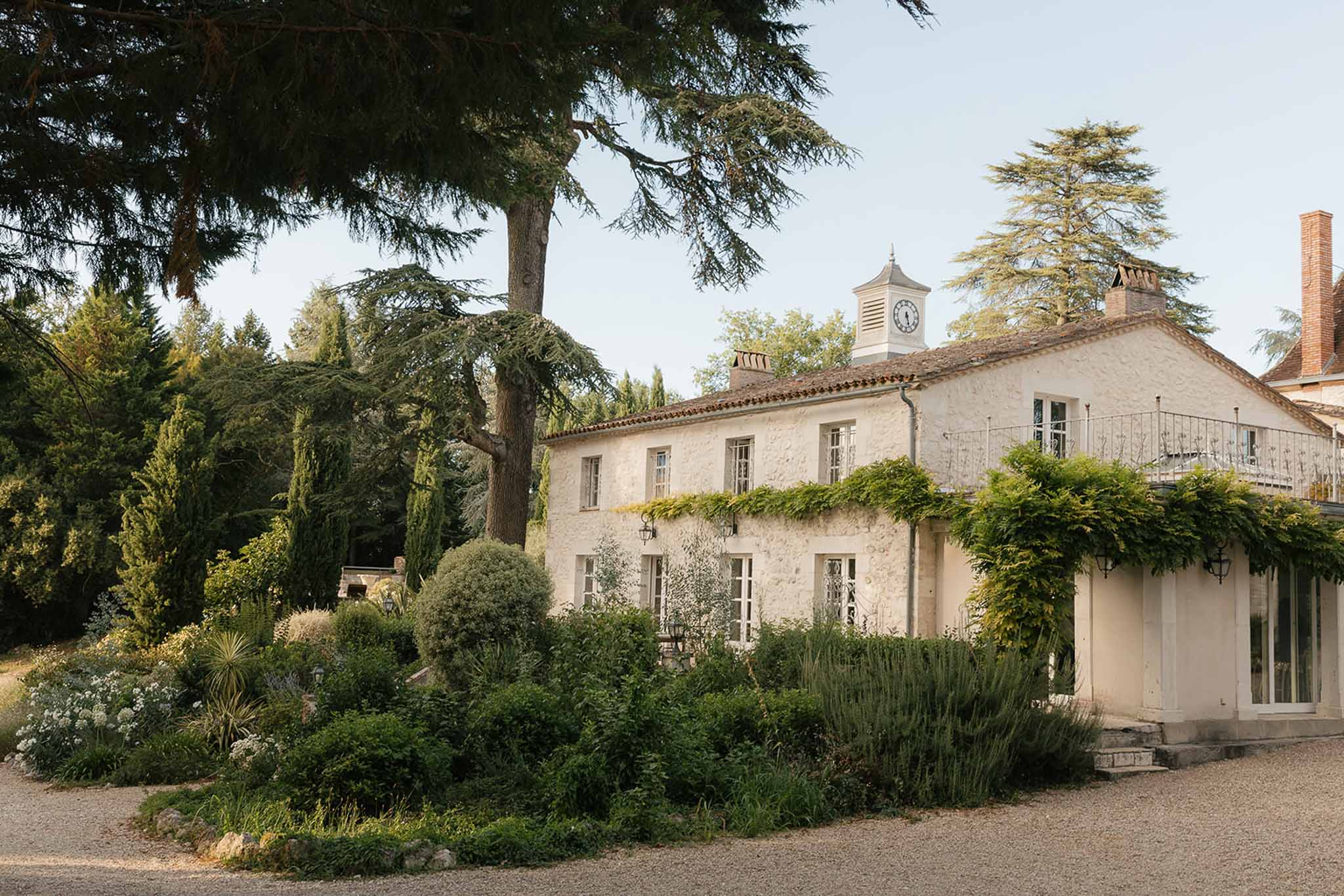 French country manor with whitewashed walls, terracotta roof, clock tower, and lavender-bordered gravel drive
