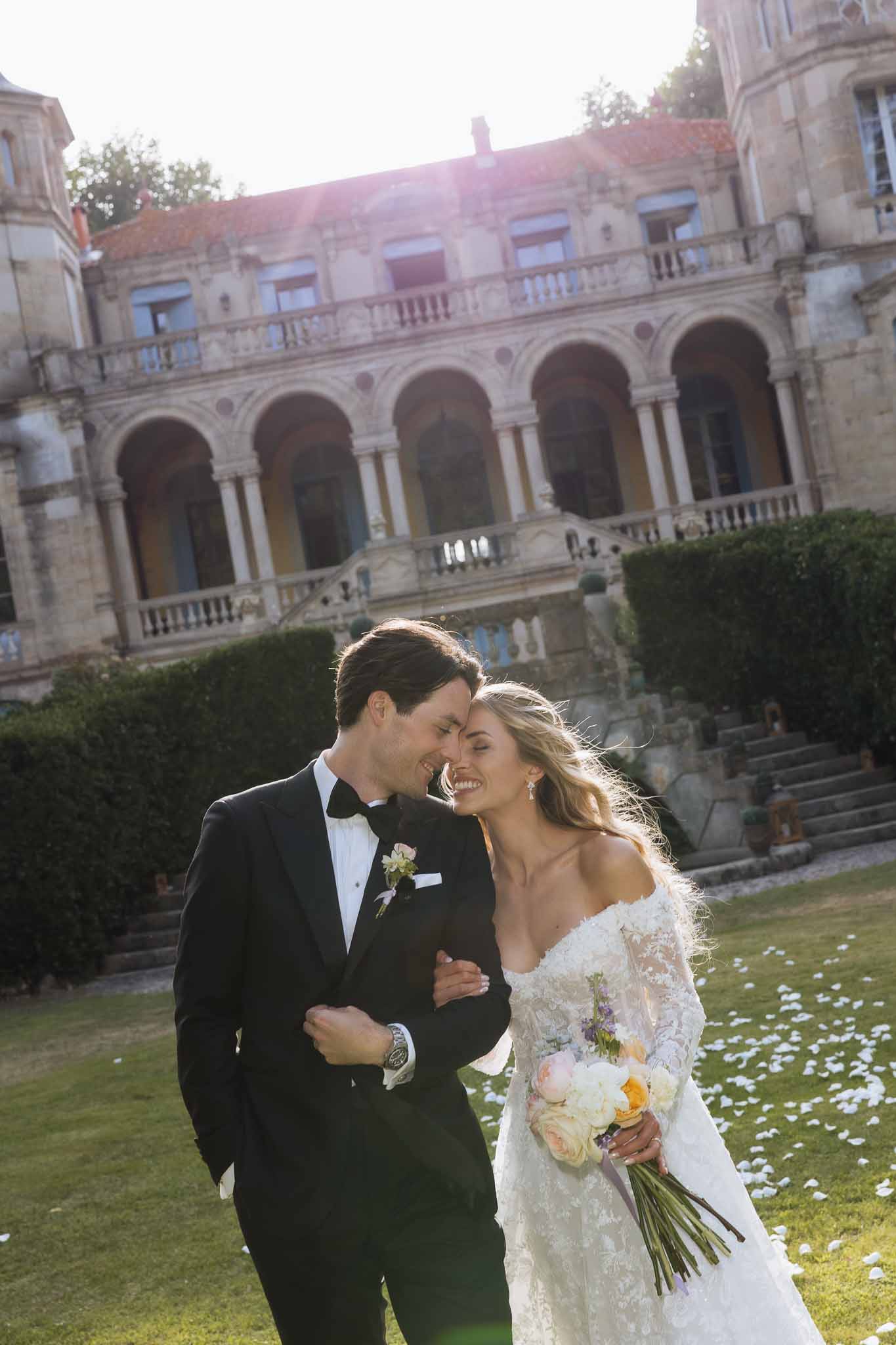 Bride and groom portrait in a garden