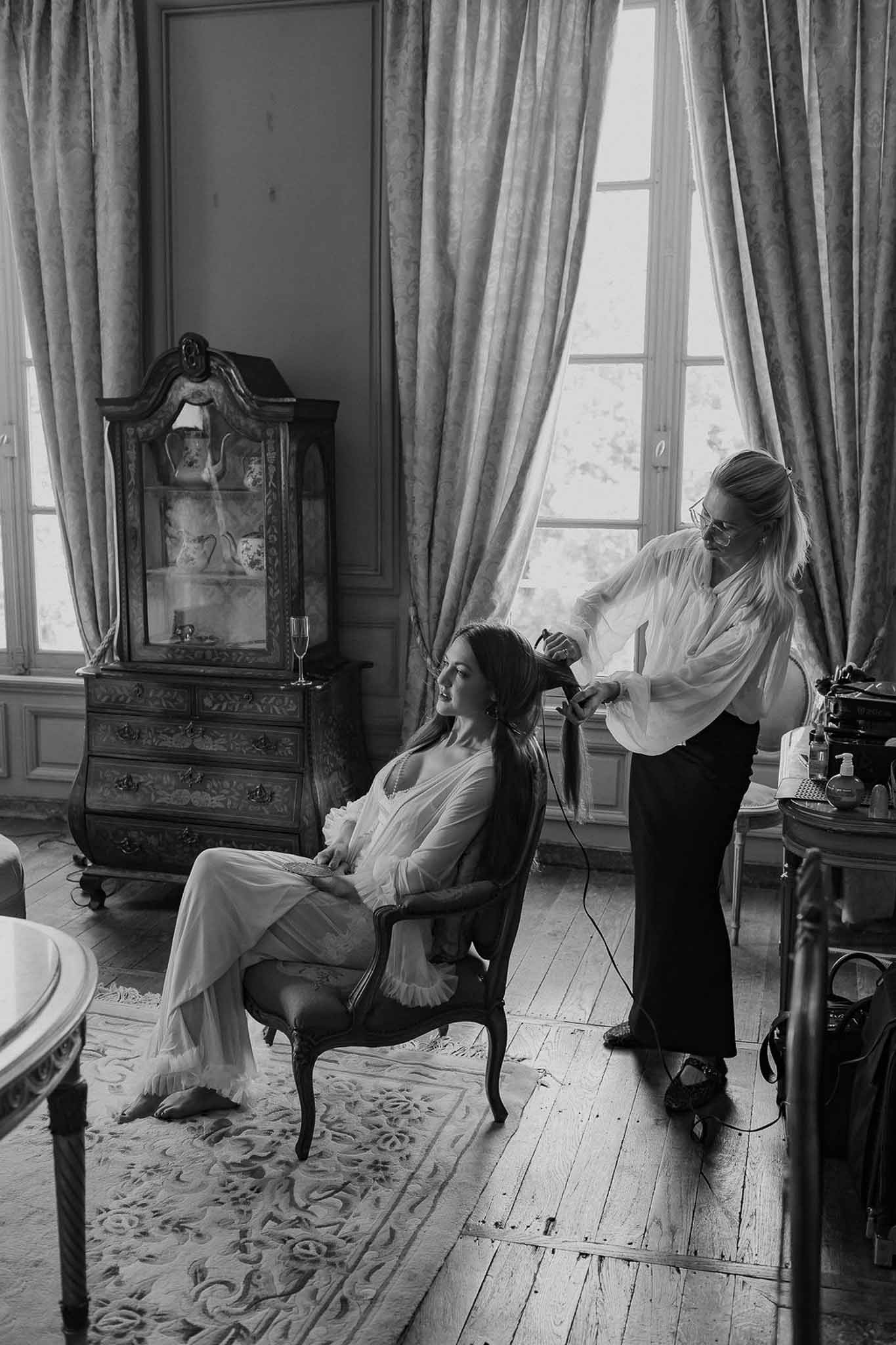 Black and white photo of getting ready