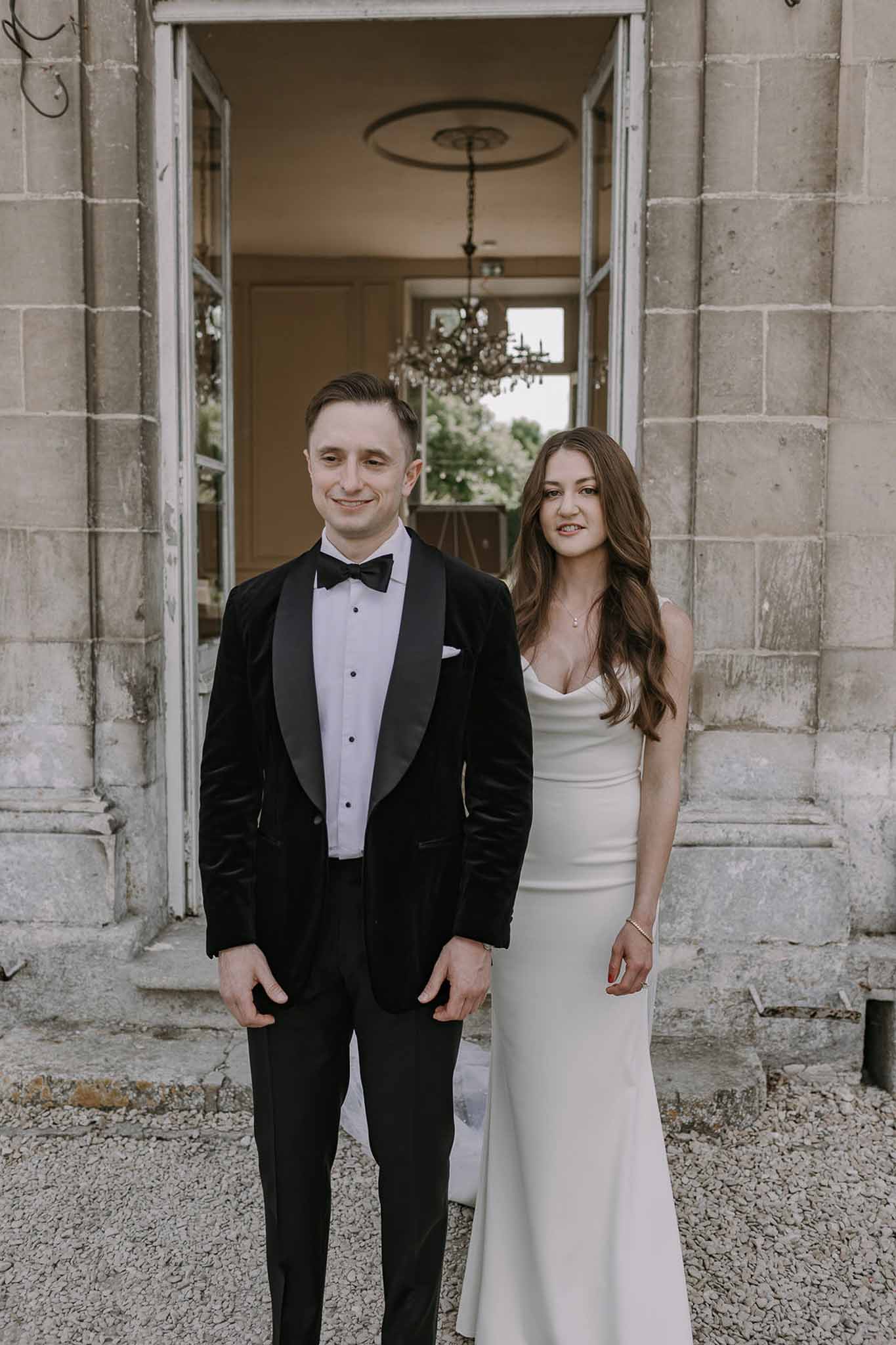 Black and white photo of bride and groom portrait
