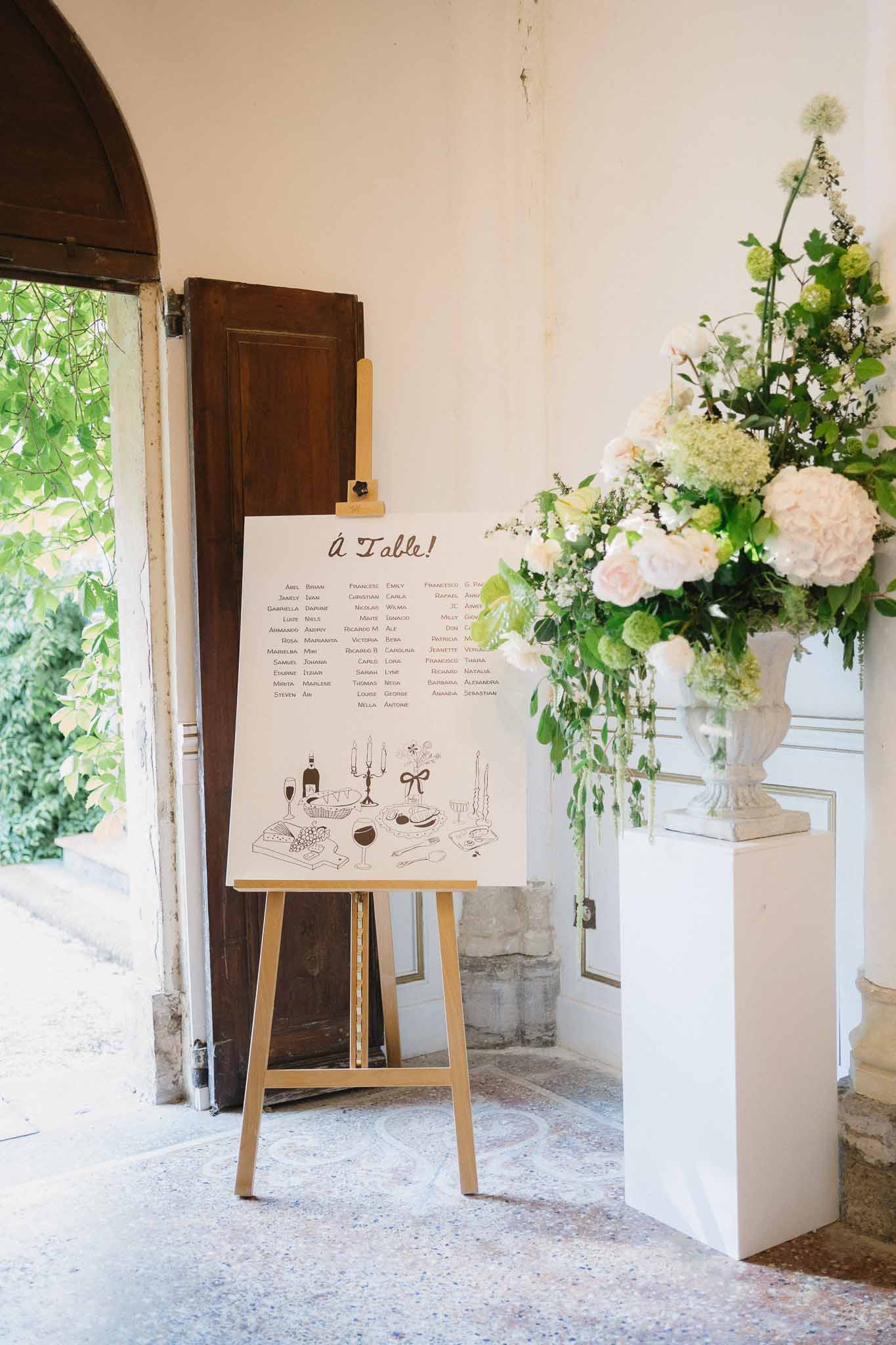 Seating chart on gold easel with illustrated dinner scene beside white stone urn of blush roses and hydrangeas