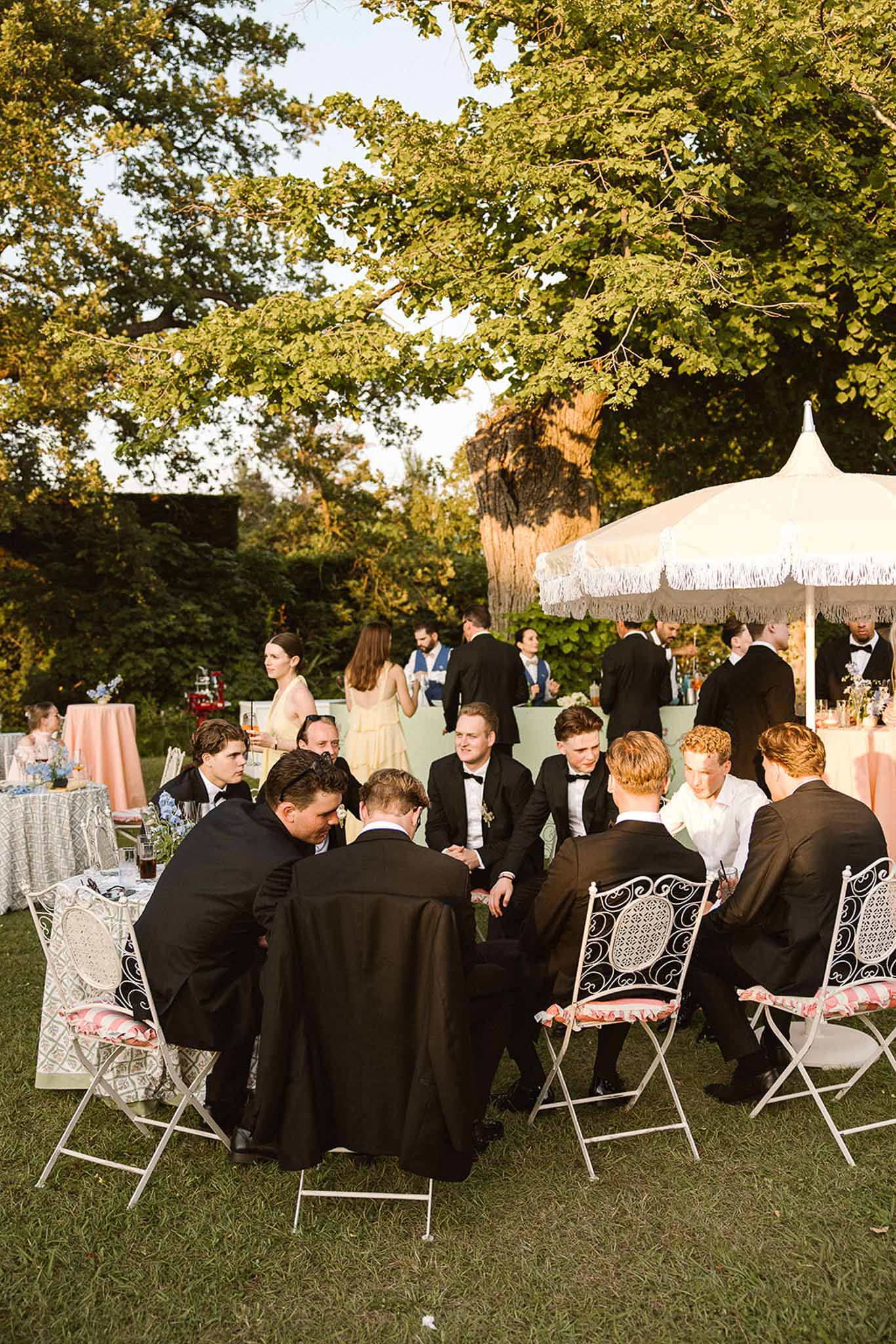 Wedding cocktail hour in a garden