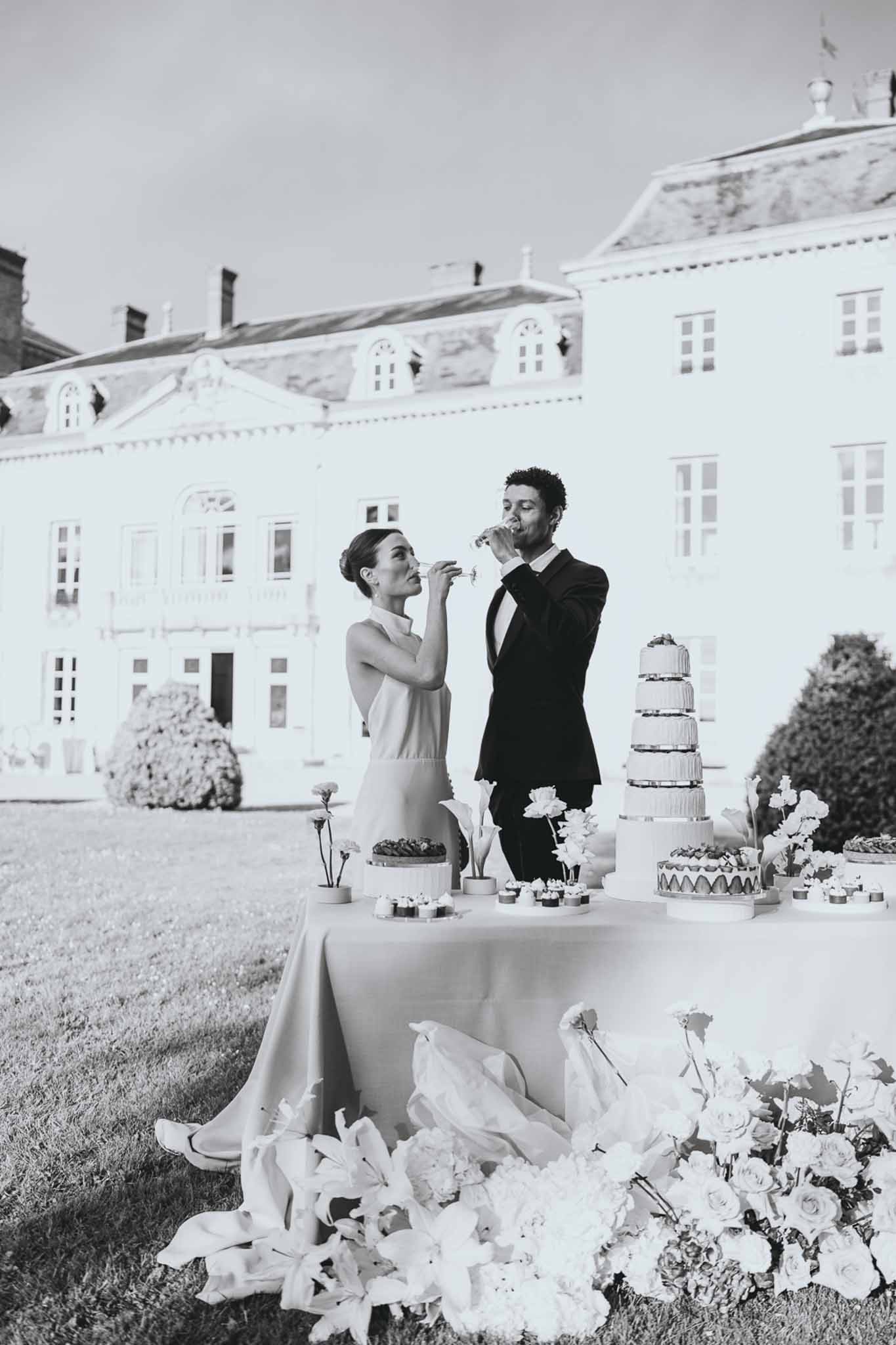 Black and white photo of bride and groom portrait