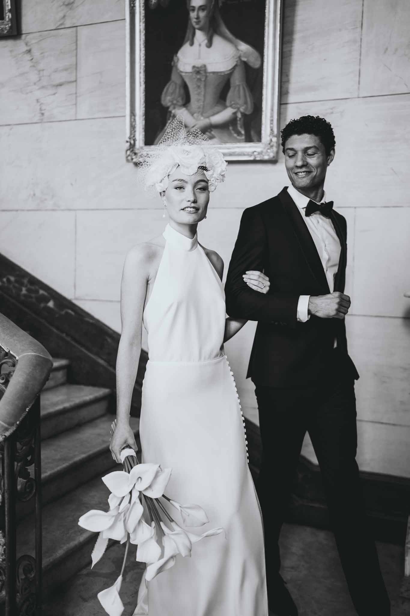 Black and white photo of bride and groom portrait