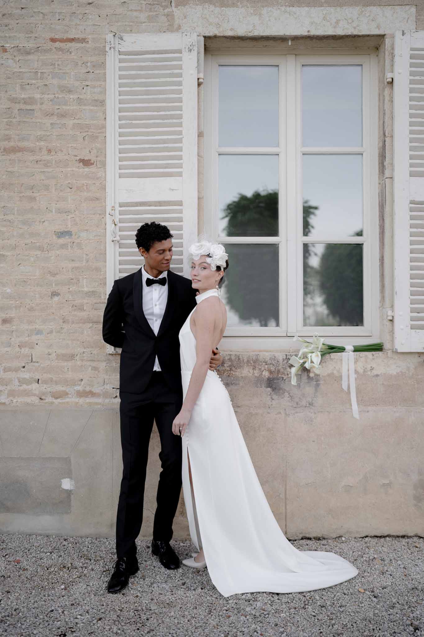 Black and white photo of bride and groom portrait