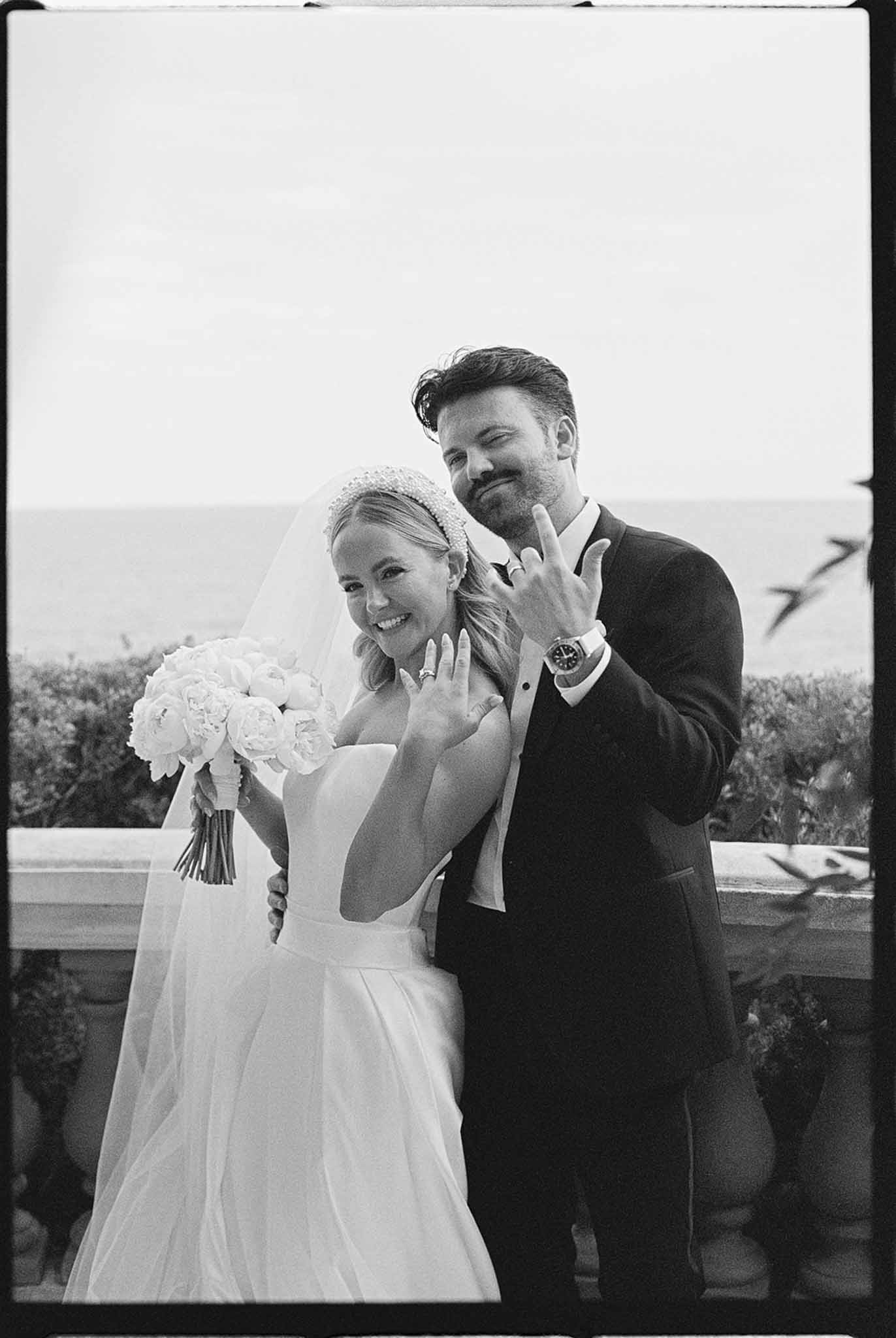 Black and white photo of bride and groom portrait