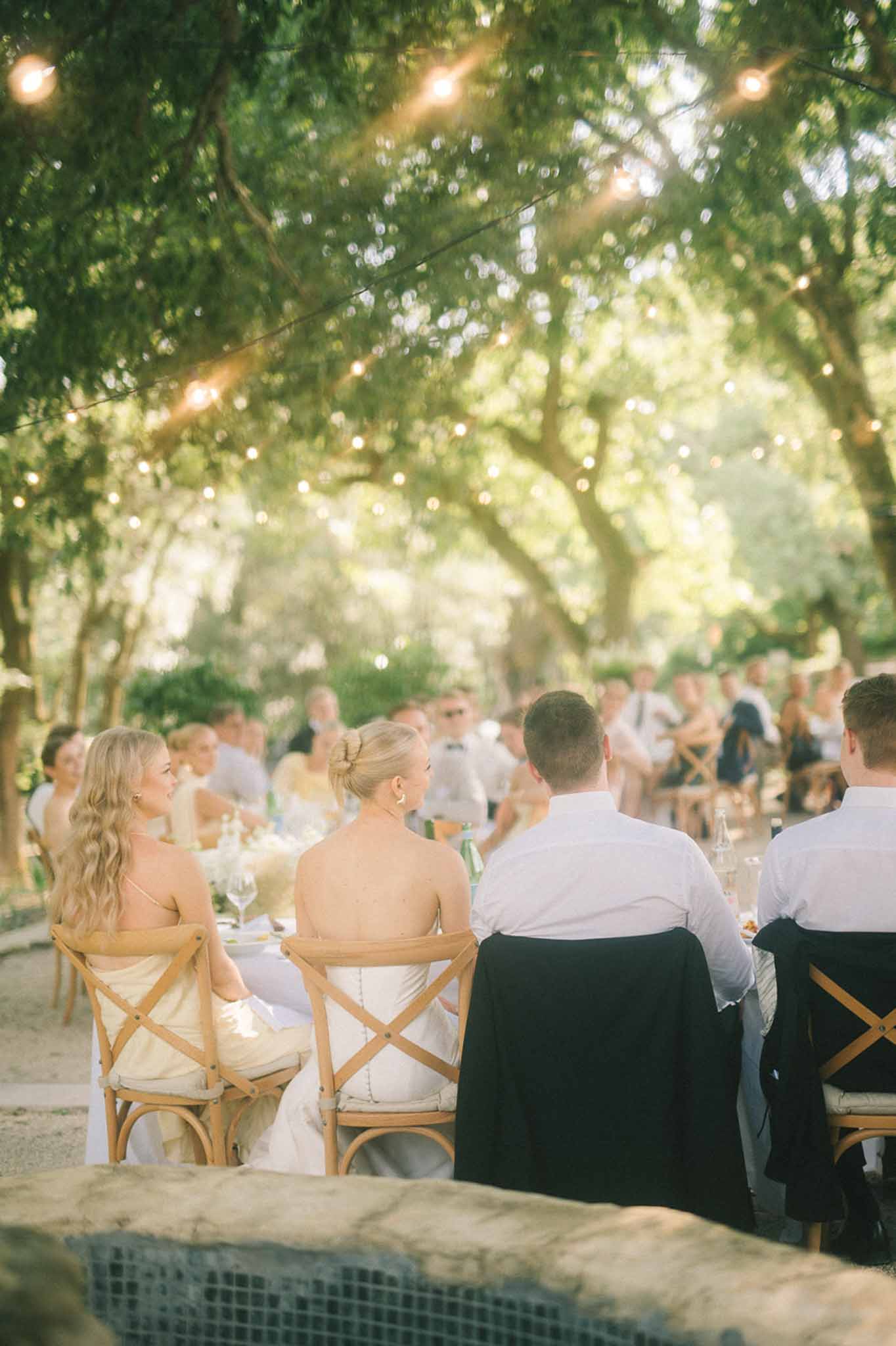 Guests at long tables under tree canopy with globe fairy lights in warm golden evening light