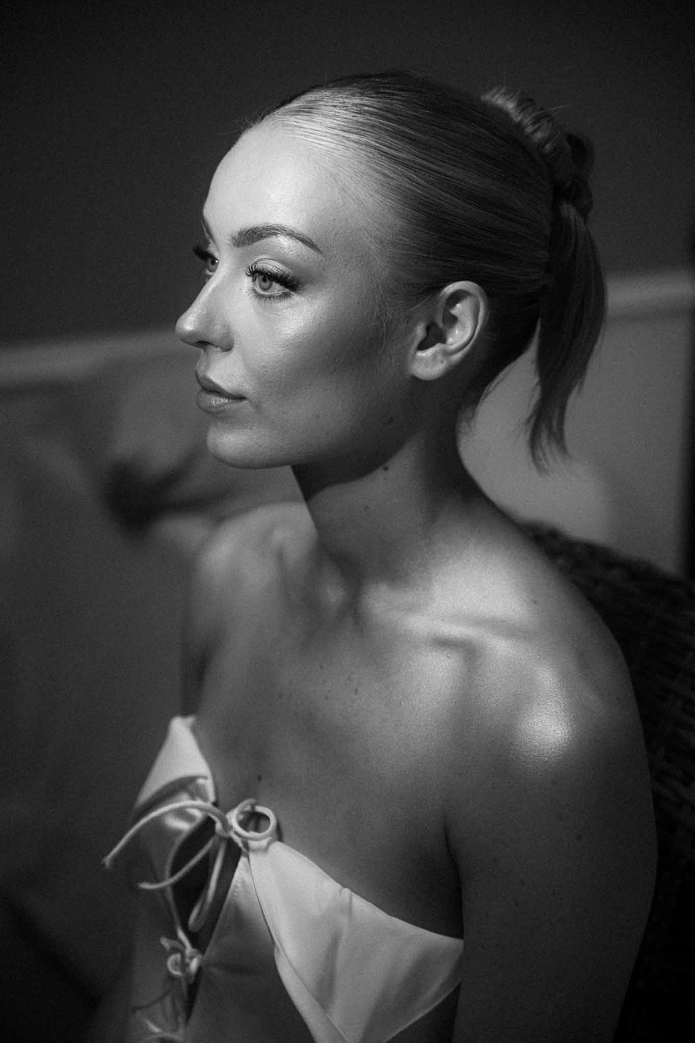 Black and white photo of bridal portrait