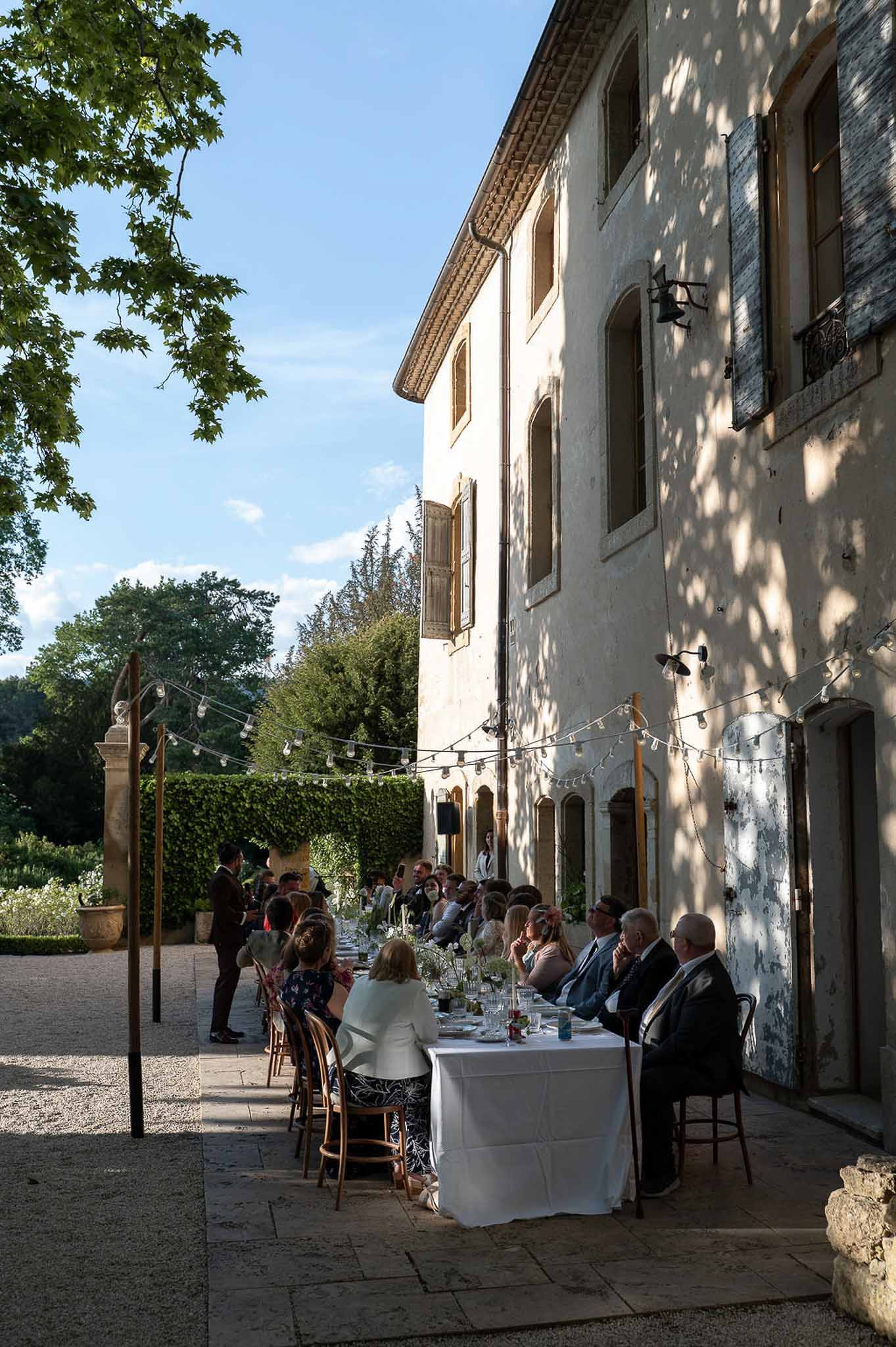 Wedding reception table setting in the French countryside