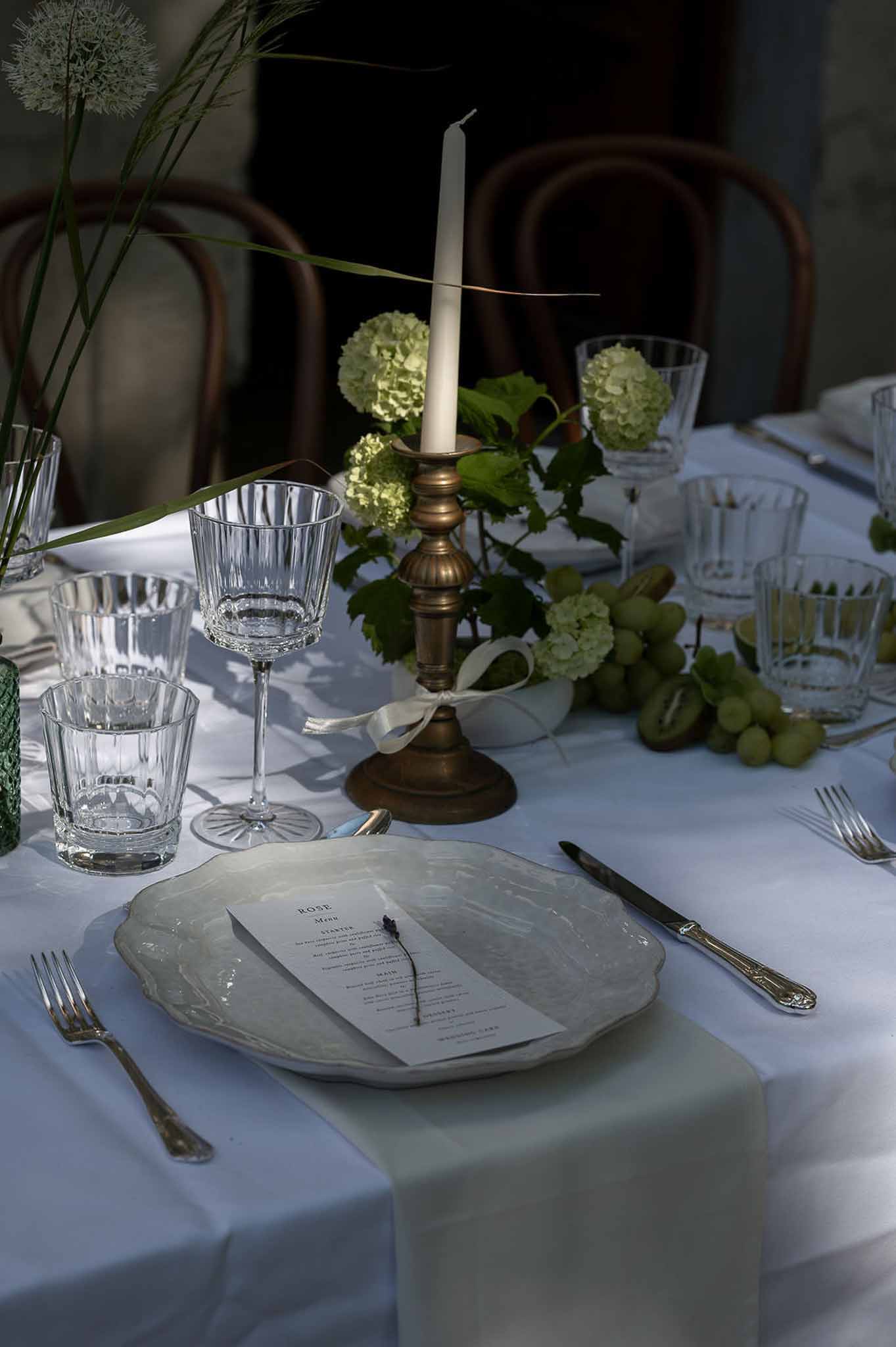 Wedding reception table setting with hydrangeas