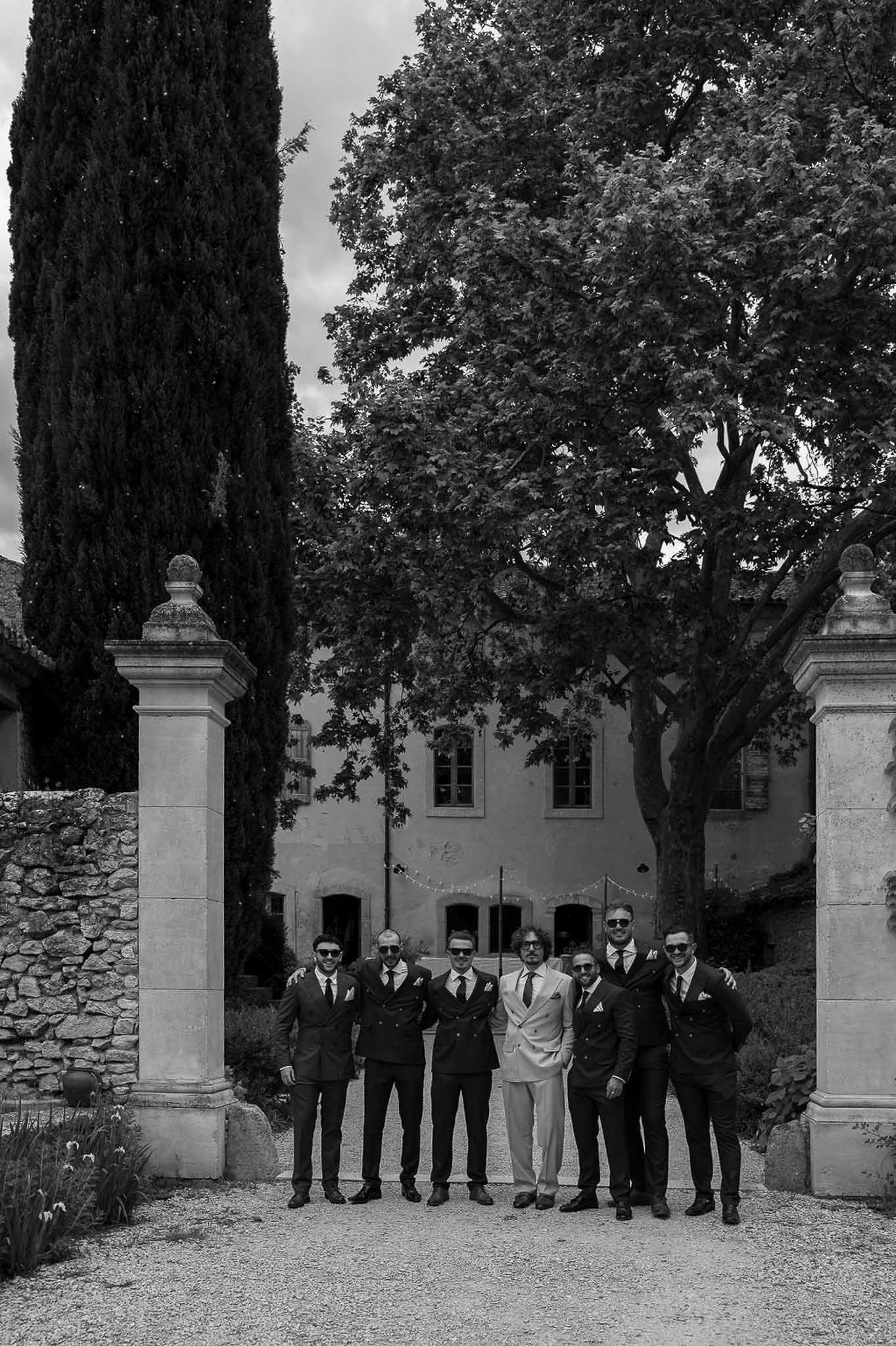 Black and white photo of bridal party