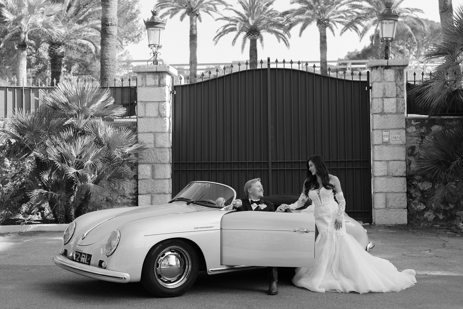 Black and white photo of bride and groom portrait