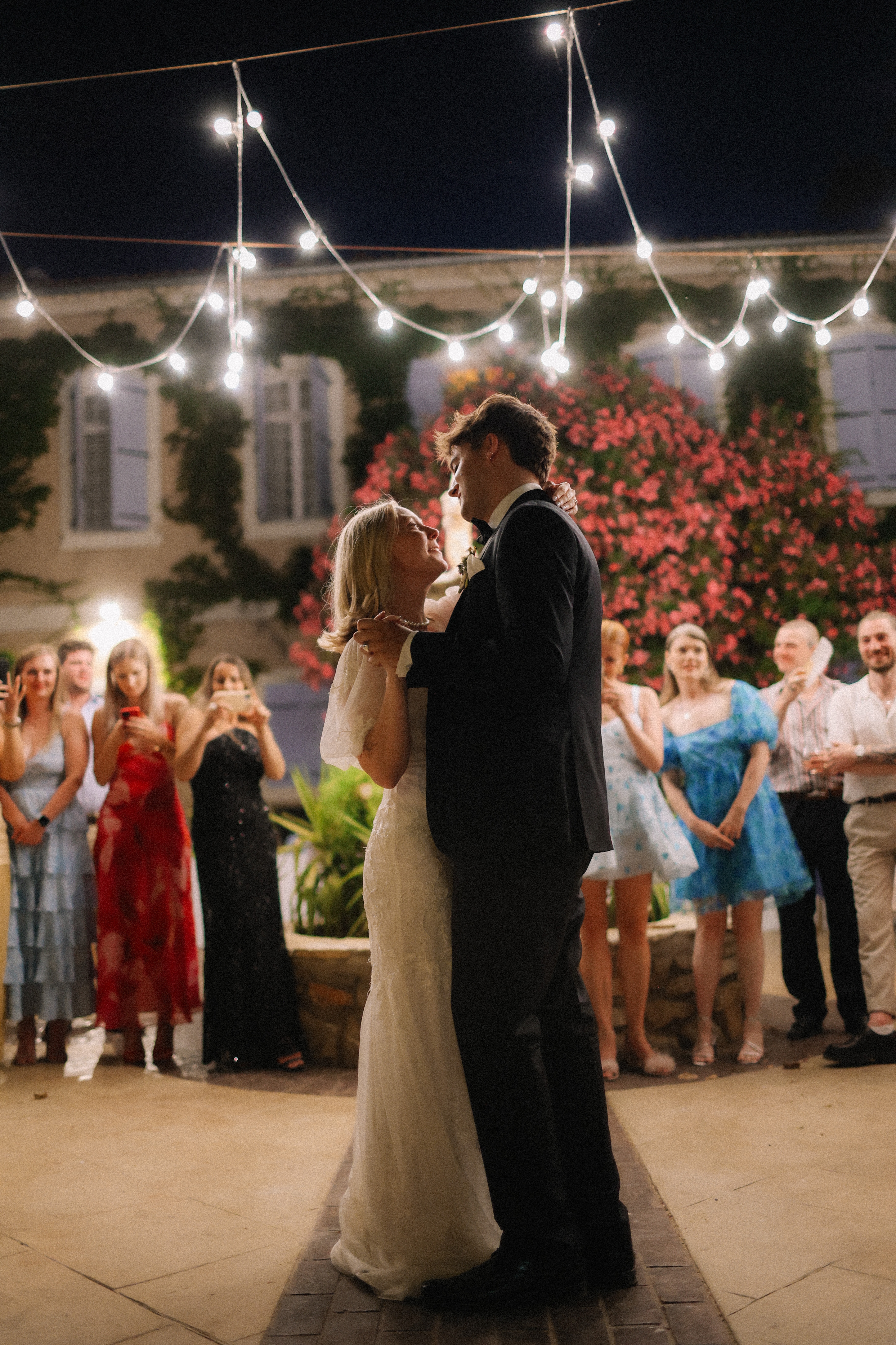 First dance under festoon lights at Chateau du Puits es Pratx, Ginestas