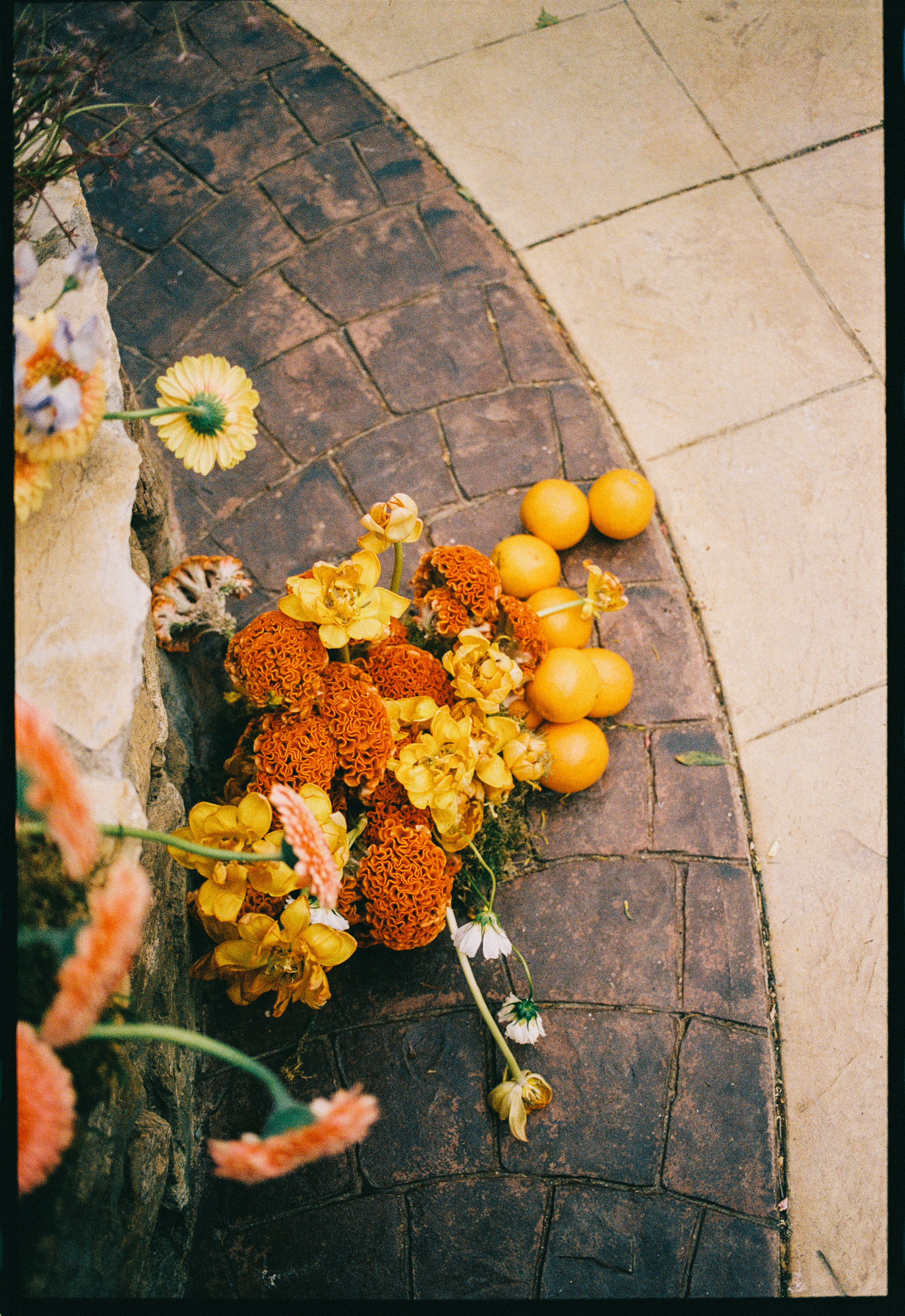 Overhead of orange florals and oranges on paving at Chateau du Puits es Pratx, Ginestas