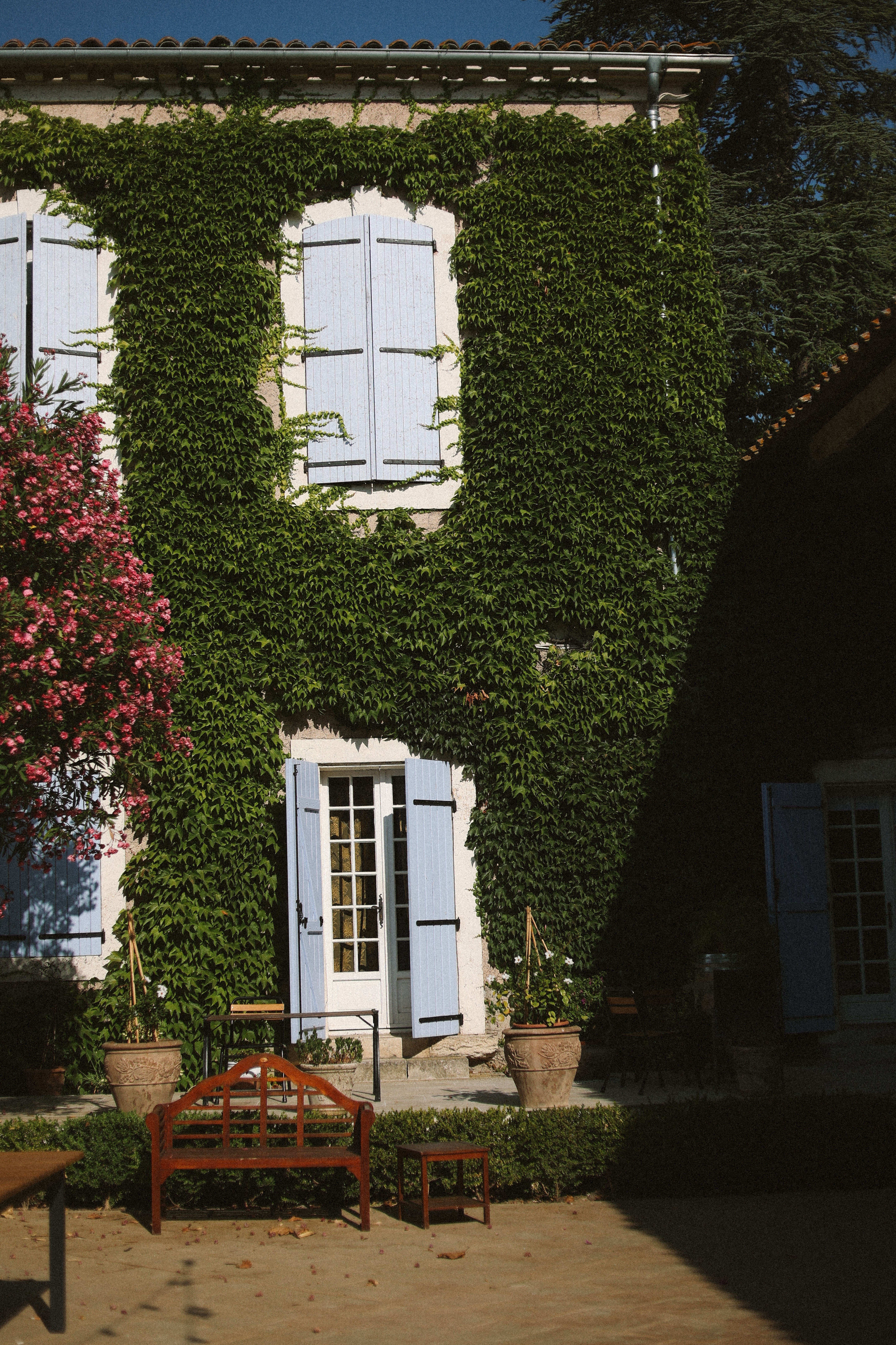 Ivy draped chateau wing with bench and pots at Chateau du Puits es Pratx, Ginestas