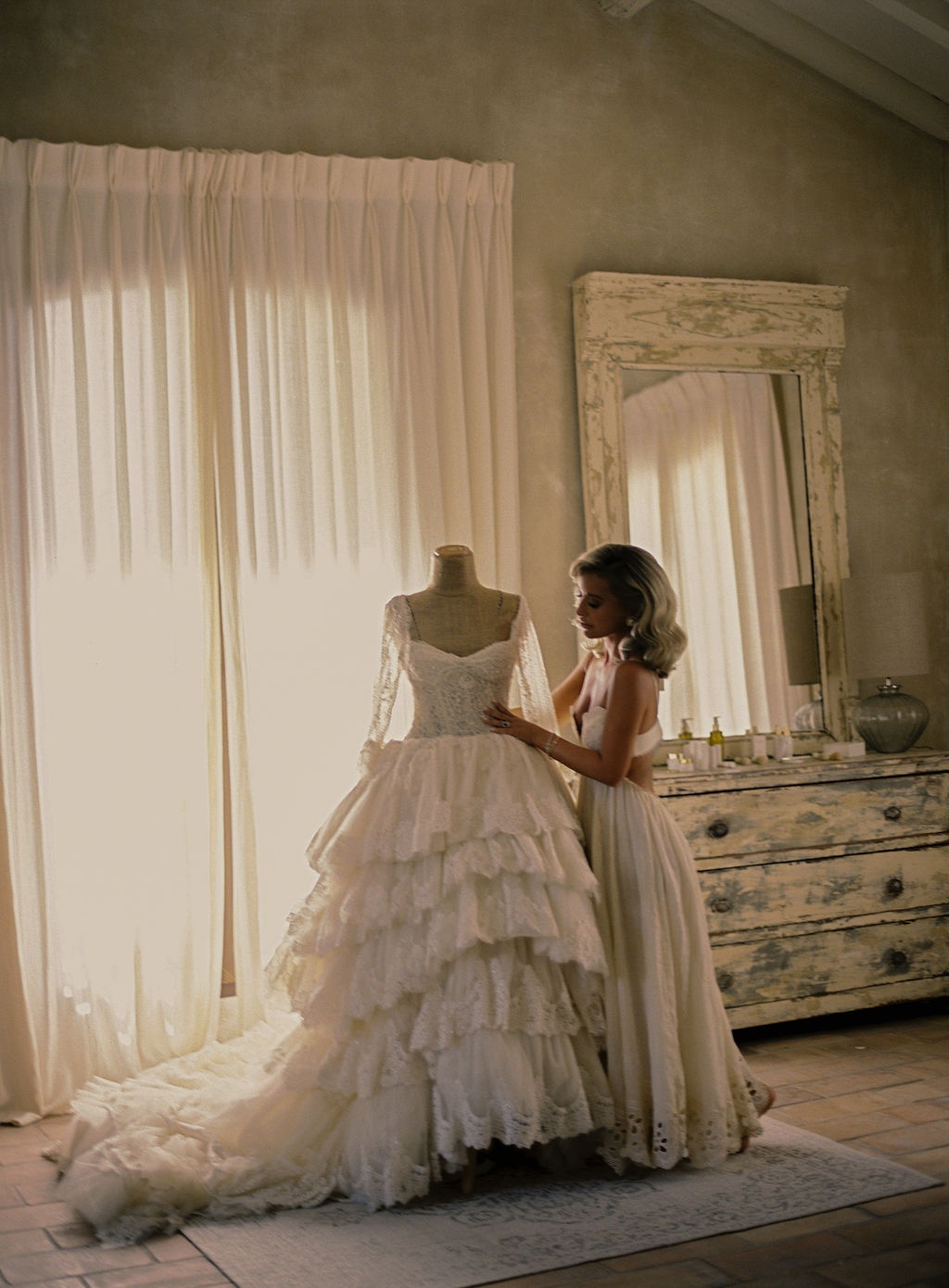 bride beside the Sally Bean Couture gown at La Bastide de Laurence, Provence